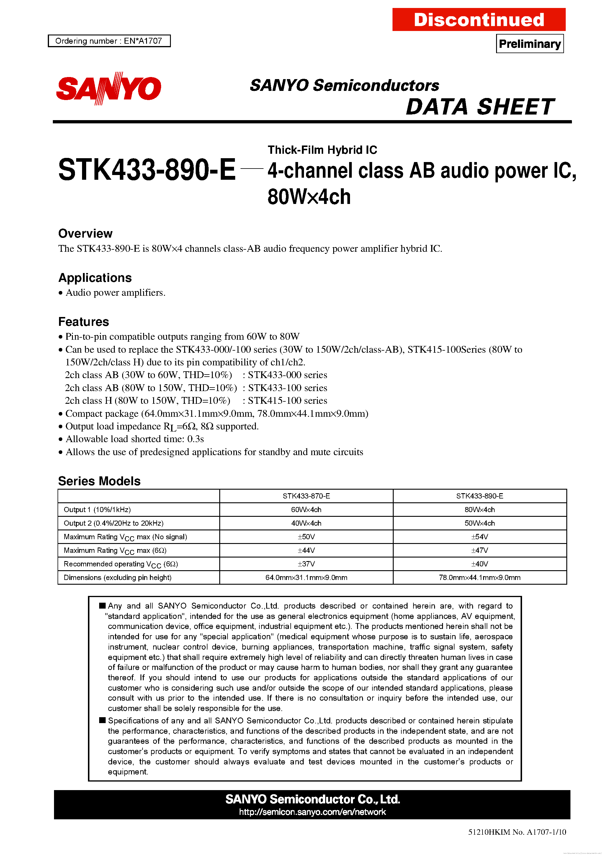 Даташит на микросхему STK433-890-E страница 1 Даташит STK433-890-E - страница 1