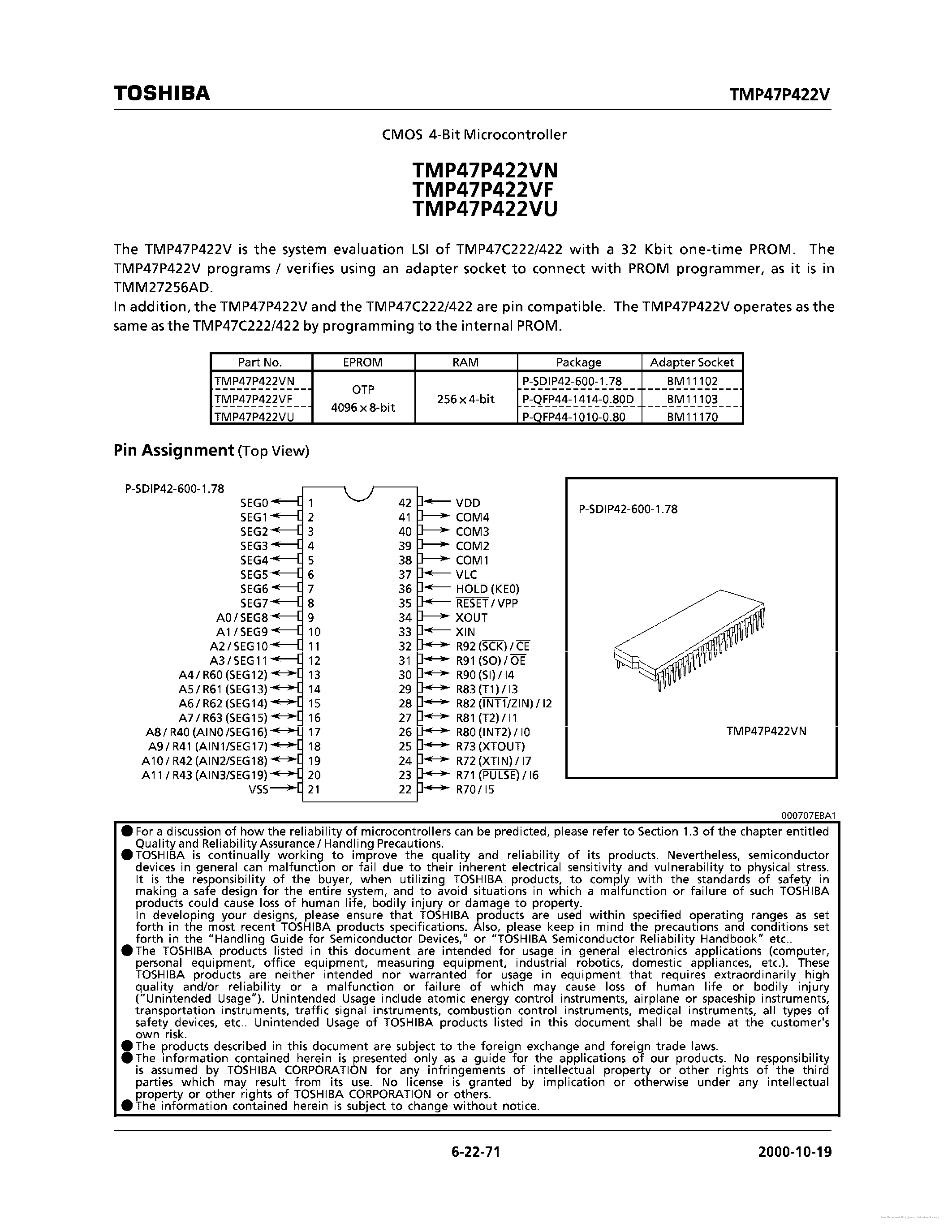 Datasheet TMP47P422V - page 1
