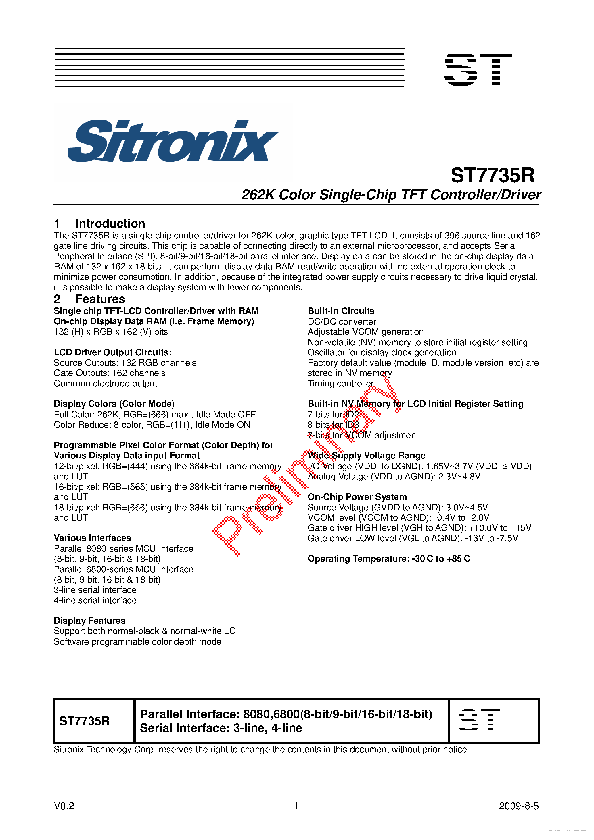 Даташит на микросхему ST7735R страница 1 Даташит ST7735R - страница 1
