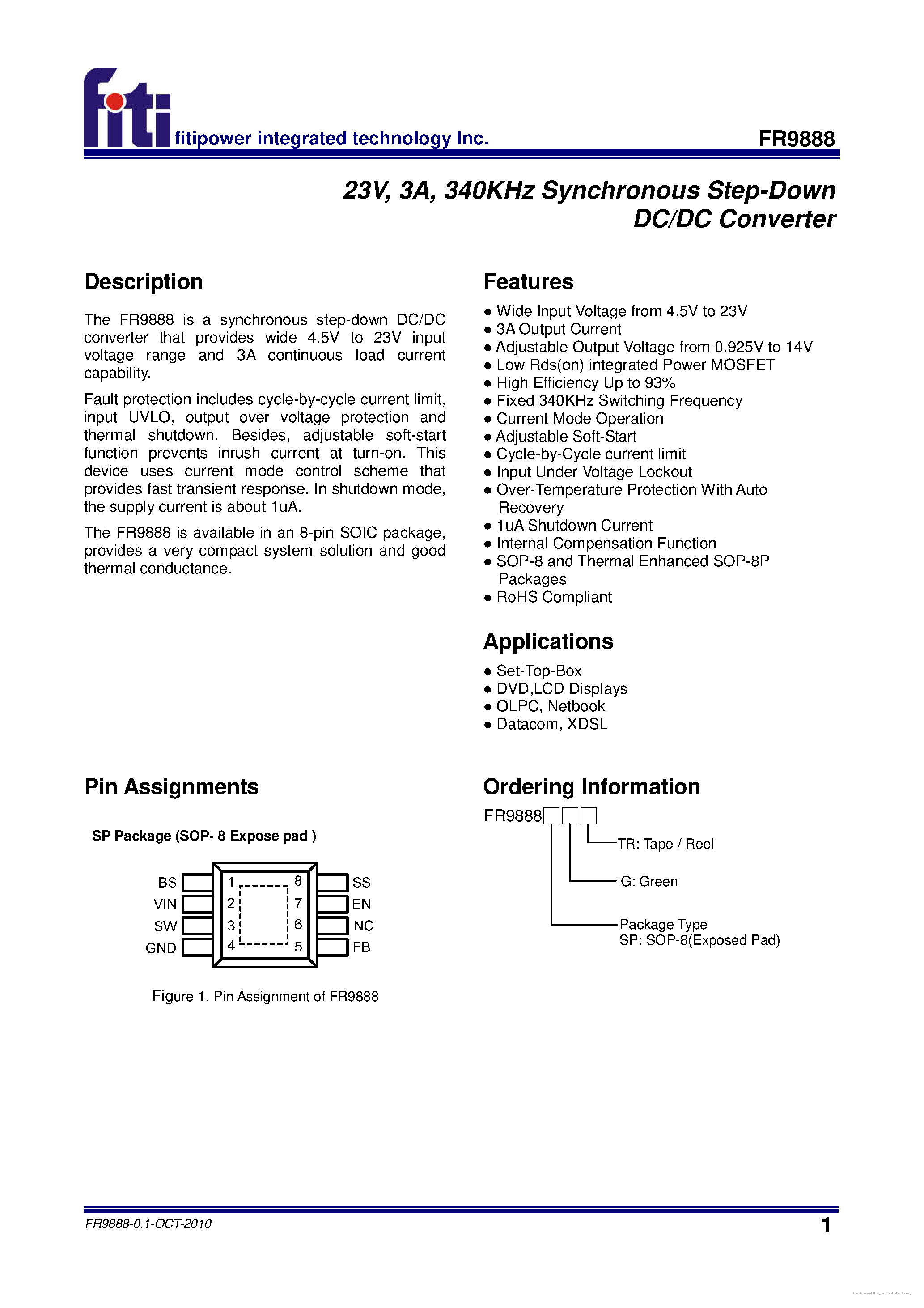 Даташит на микросхему FR9888 страница 1 Даташит FR9888 - страница 1