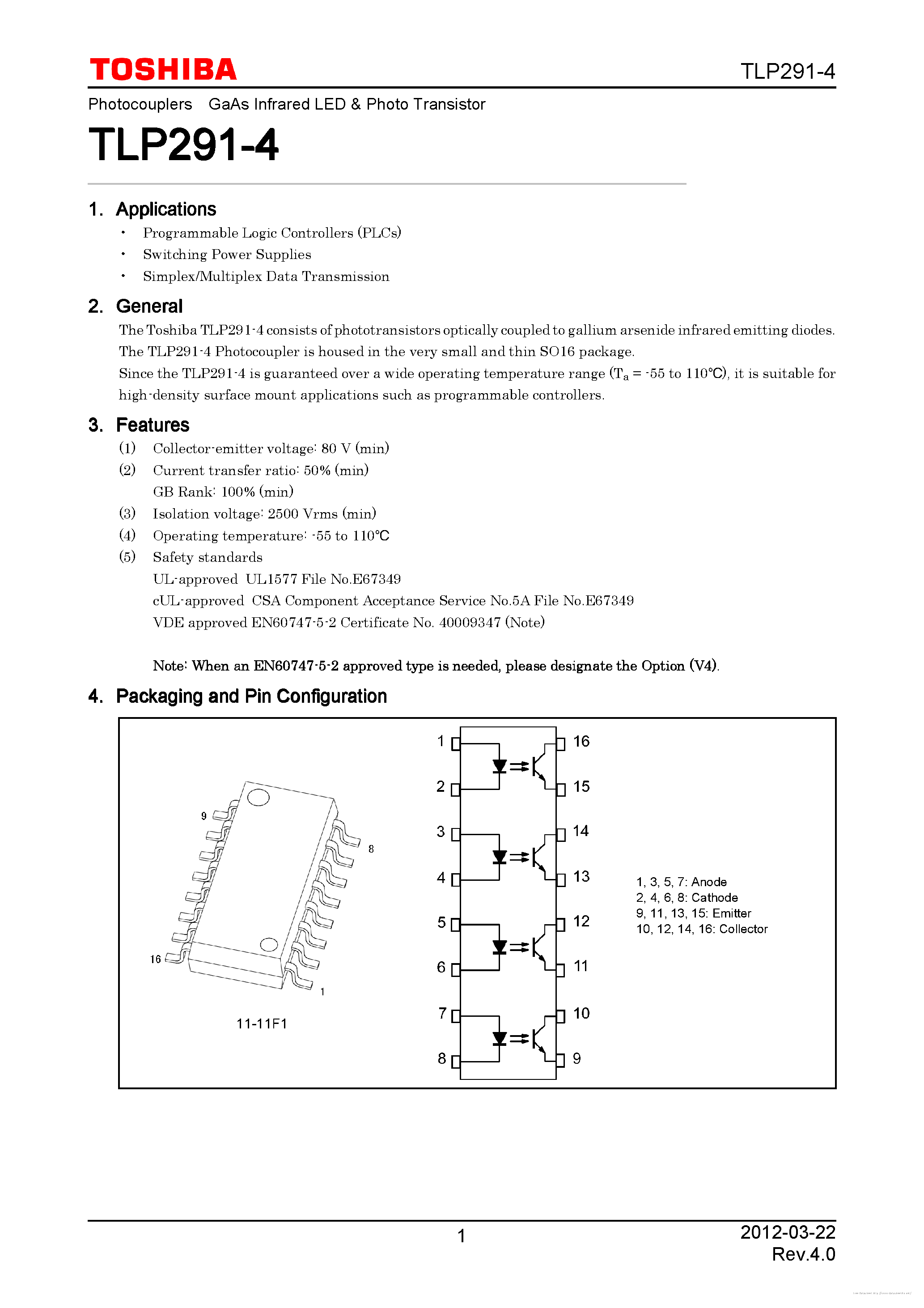 Datasheet TLP291-4 page 1 Datasheet TLP291-4 - page 1
