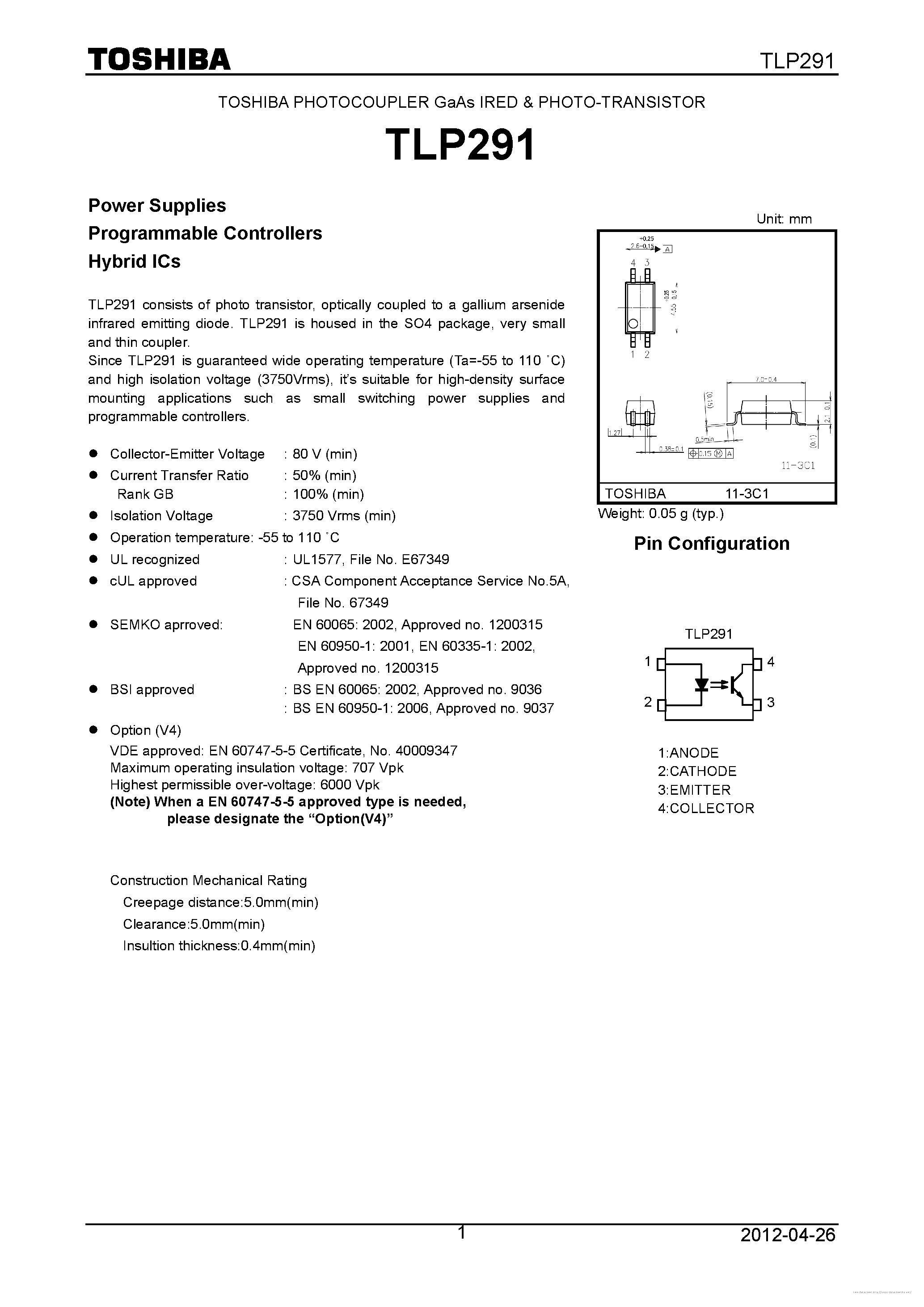 Datasheet TLP291 page 1 Datasheet TLP291 - page 1