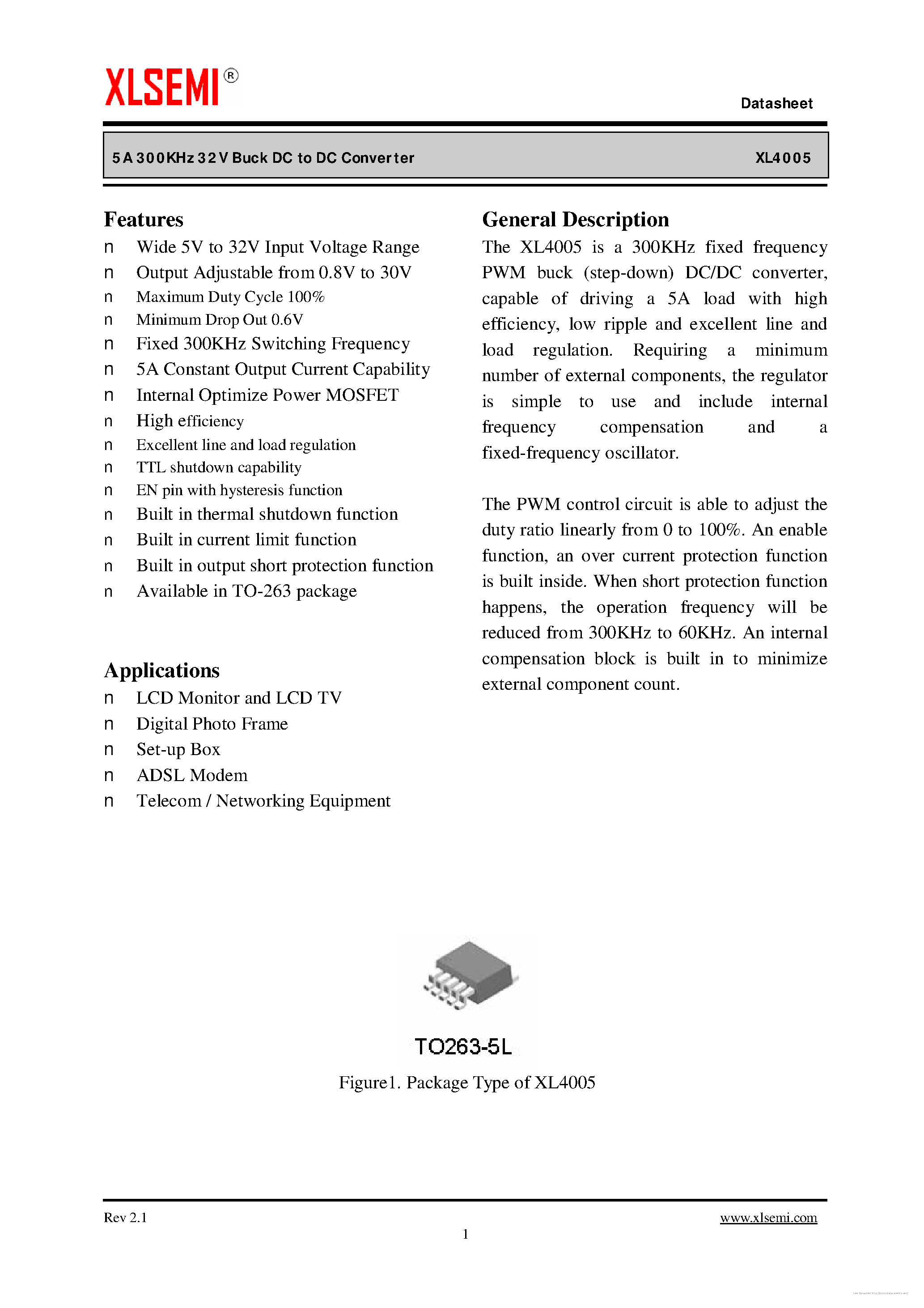 Даташит на микросхему XL4005 страница 1 Даташит XL4005 - страница 1