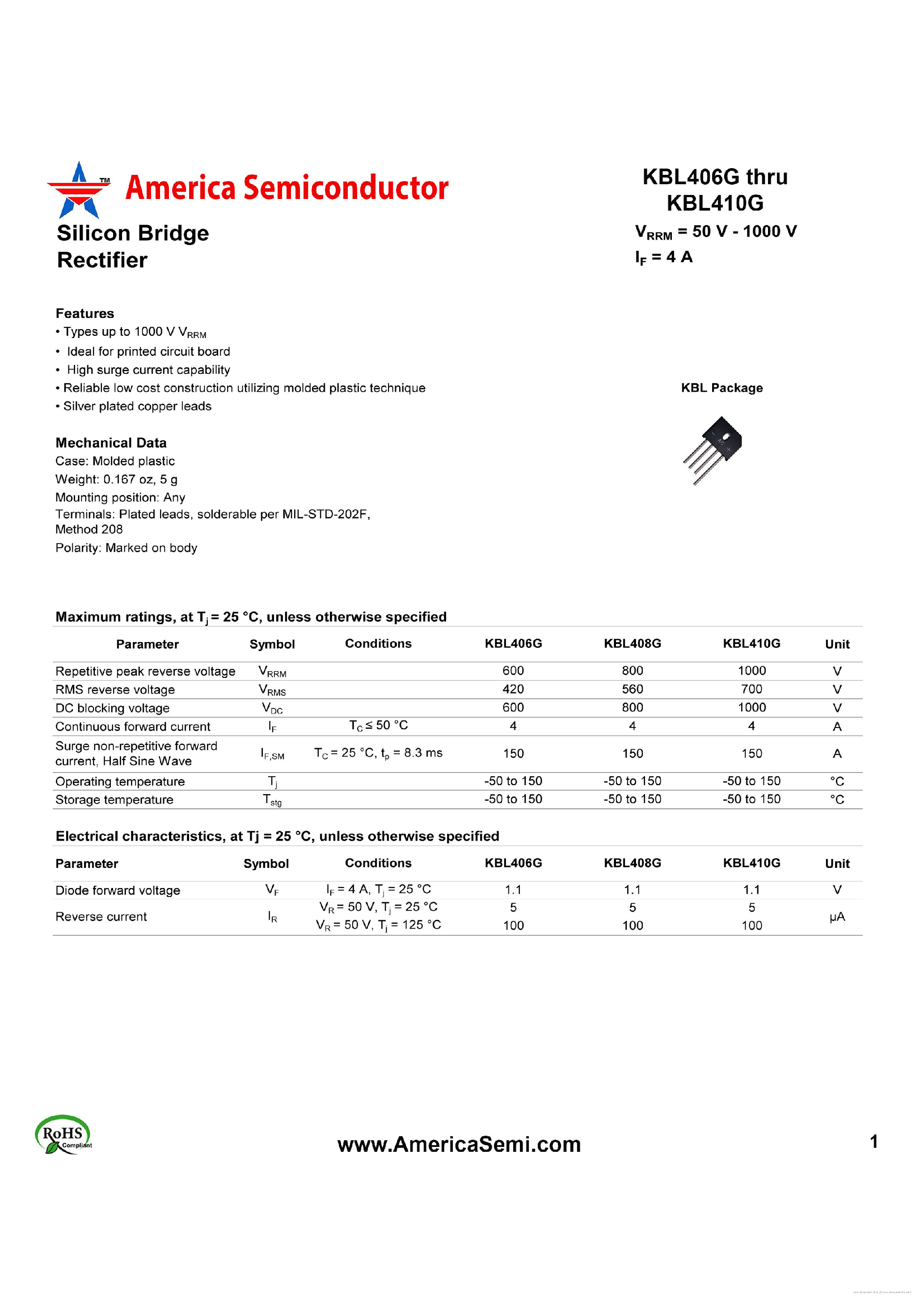Datasheet KBL406G page 1 Datasheet KBL406G - page 1
