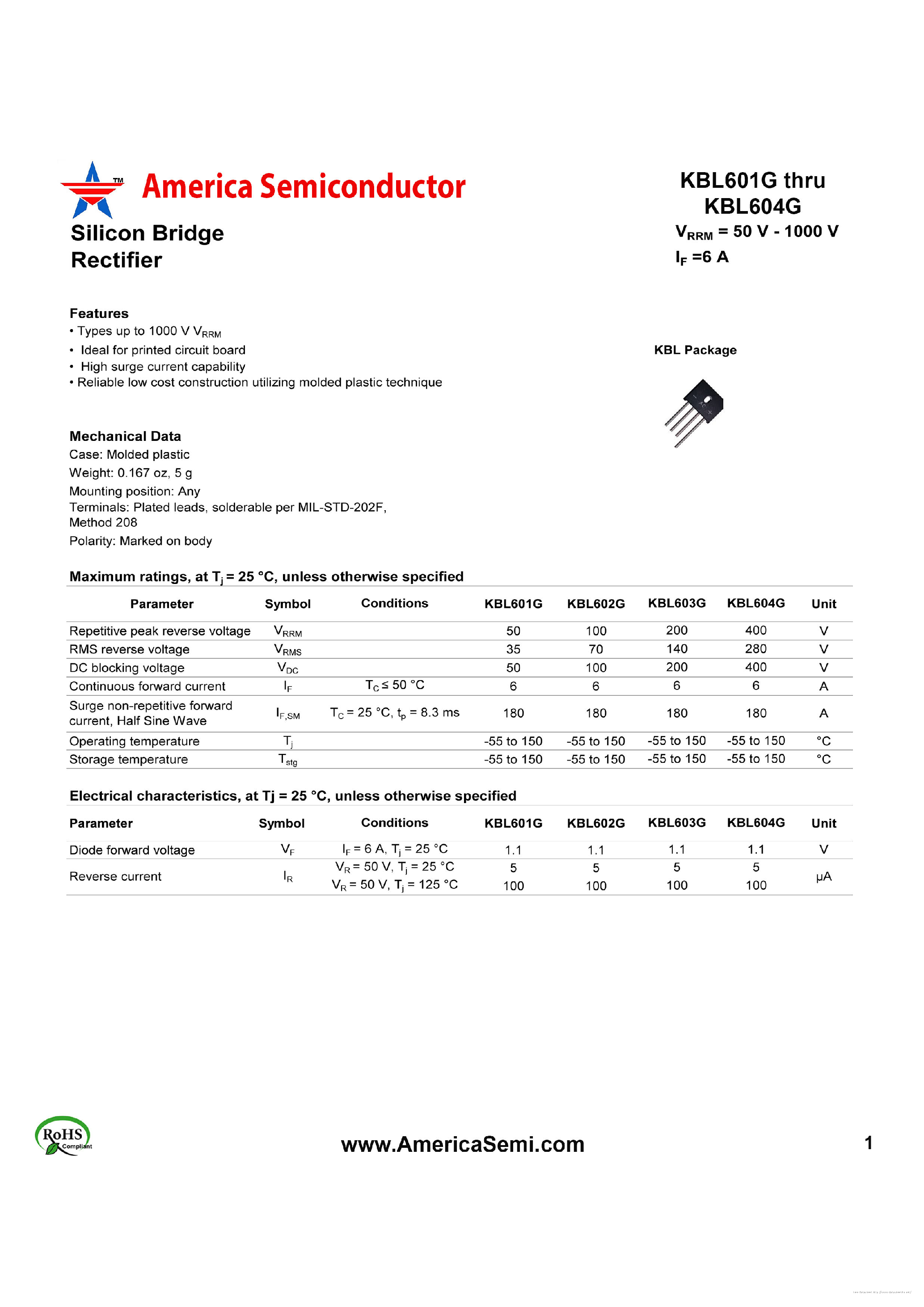Datasheet KBL601G page 1 Datasheet KBL601G - page 1