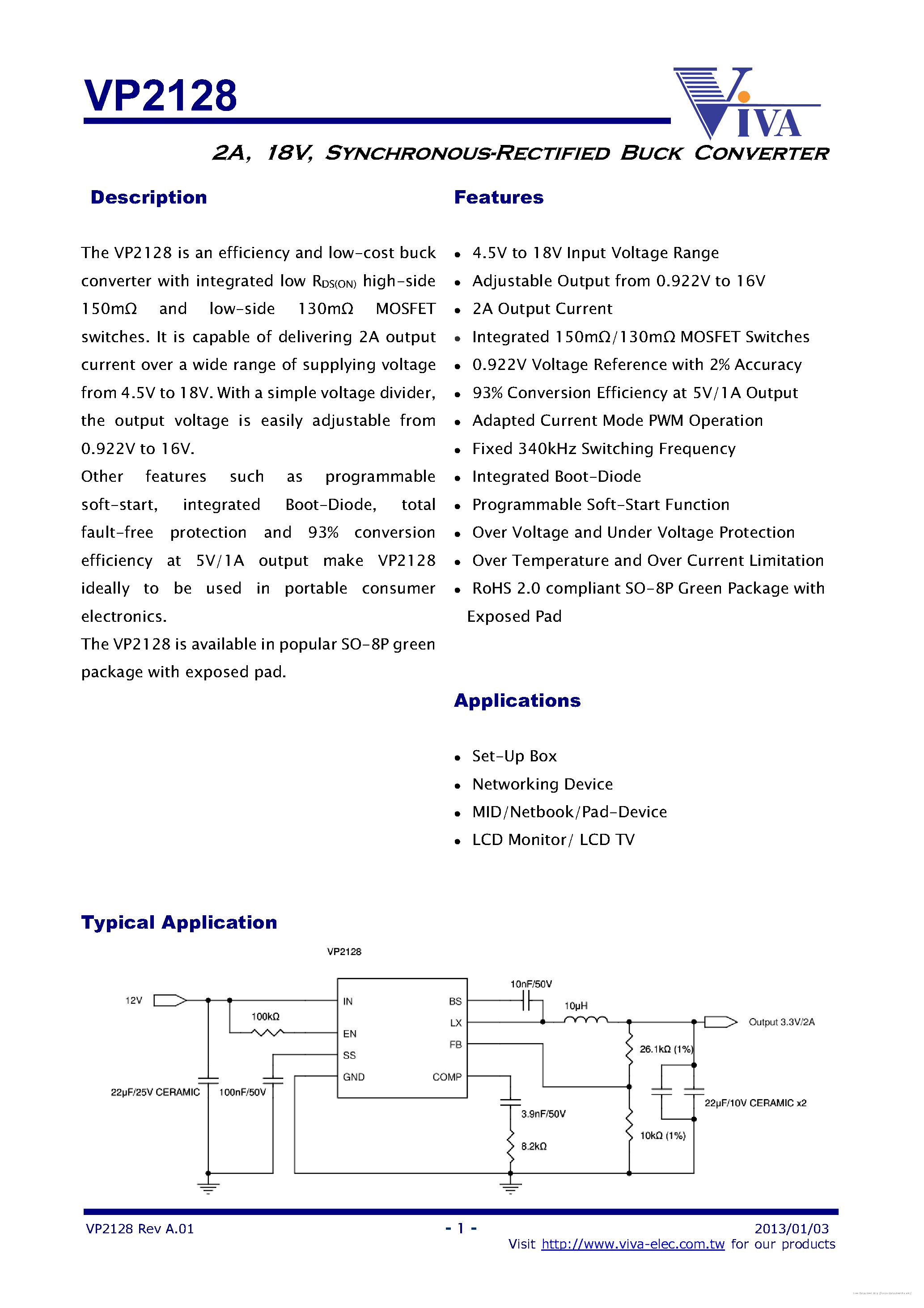Даташит на микросхему VP2128 страница 1 Даташит VP2128 - страница 1