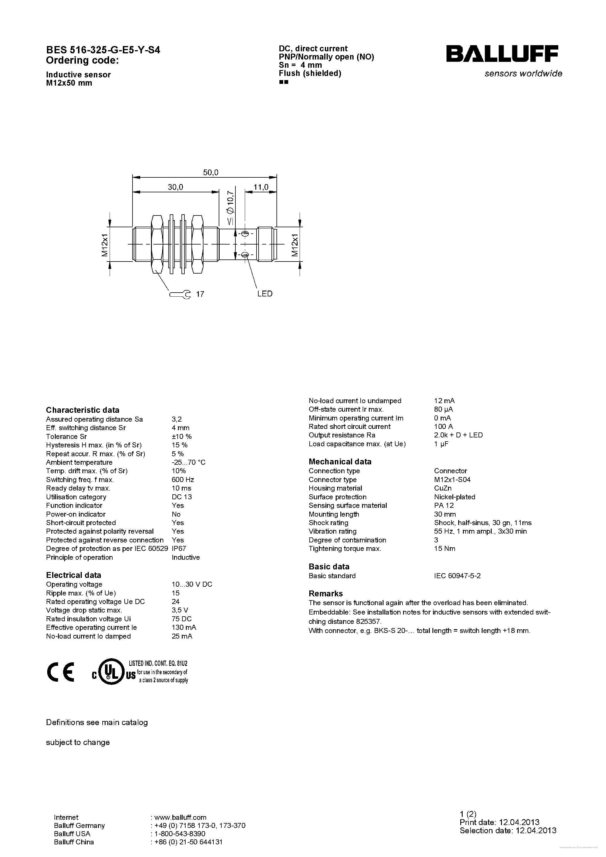 Datasheet BES516-325-G-E5-Y-S4 - page 1