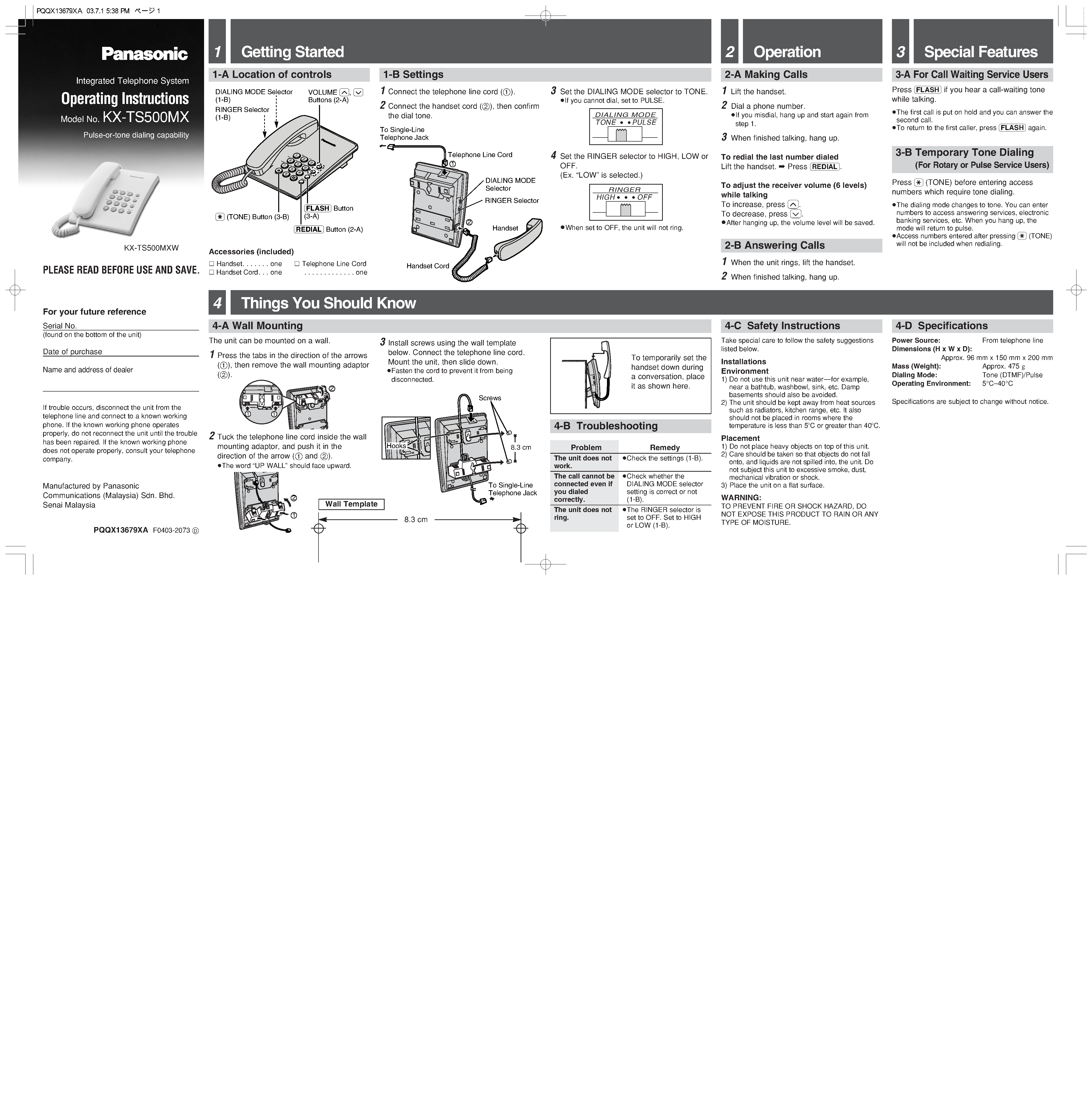 Datasheet KX-TS500MX page 1 Datasheet KX-TS500MX - page 1