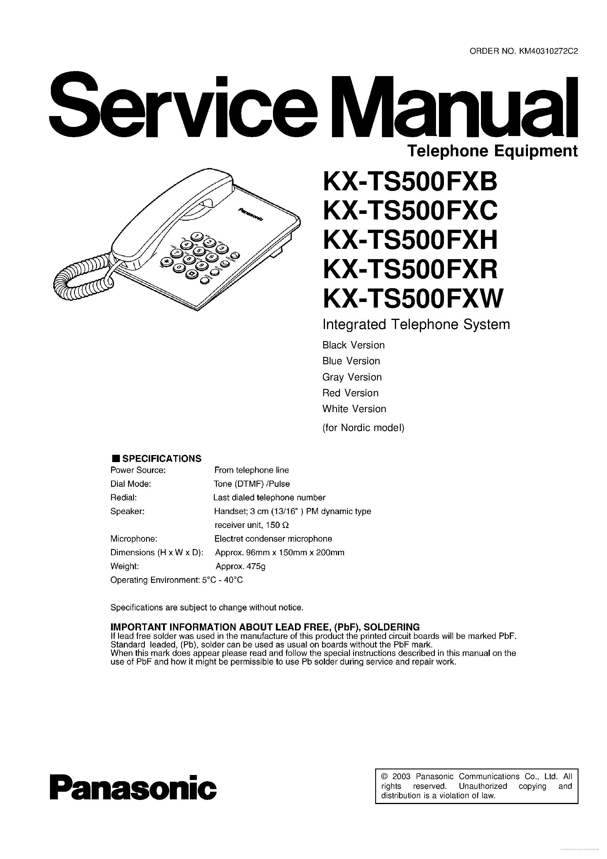 Datasheet KX-TS500FXB page 1 Datasheet KX-TS500FXB - page 1