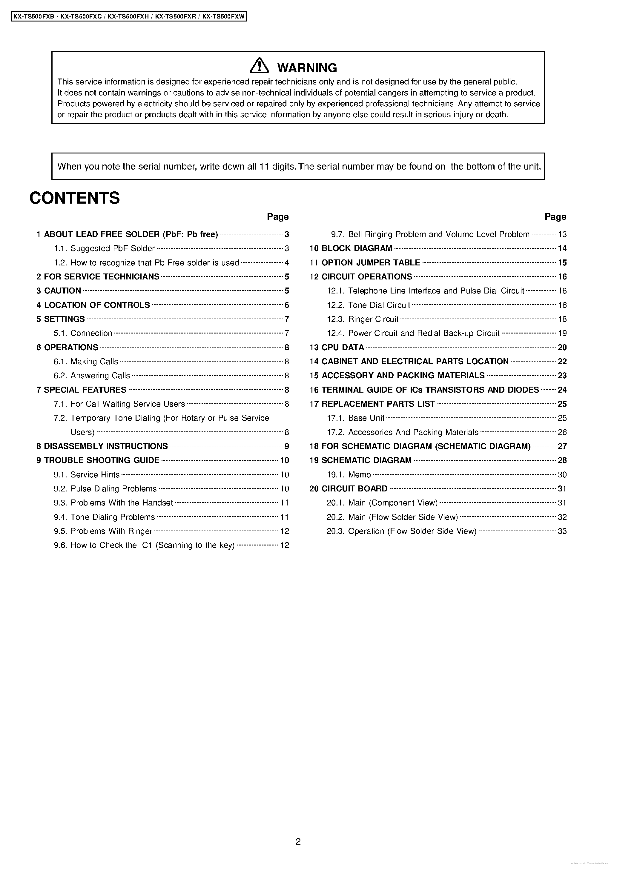Datasheet KX-TS500FXB page 2 Datasheet KX-TS500FXB - page 2