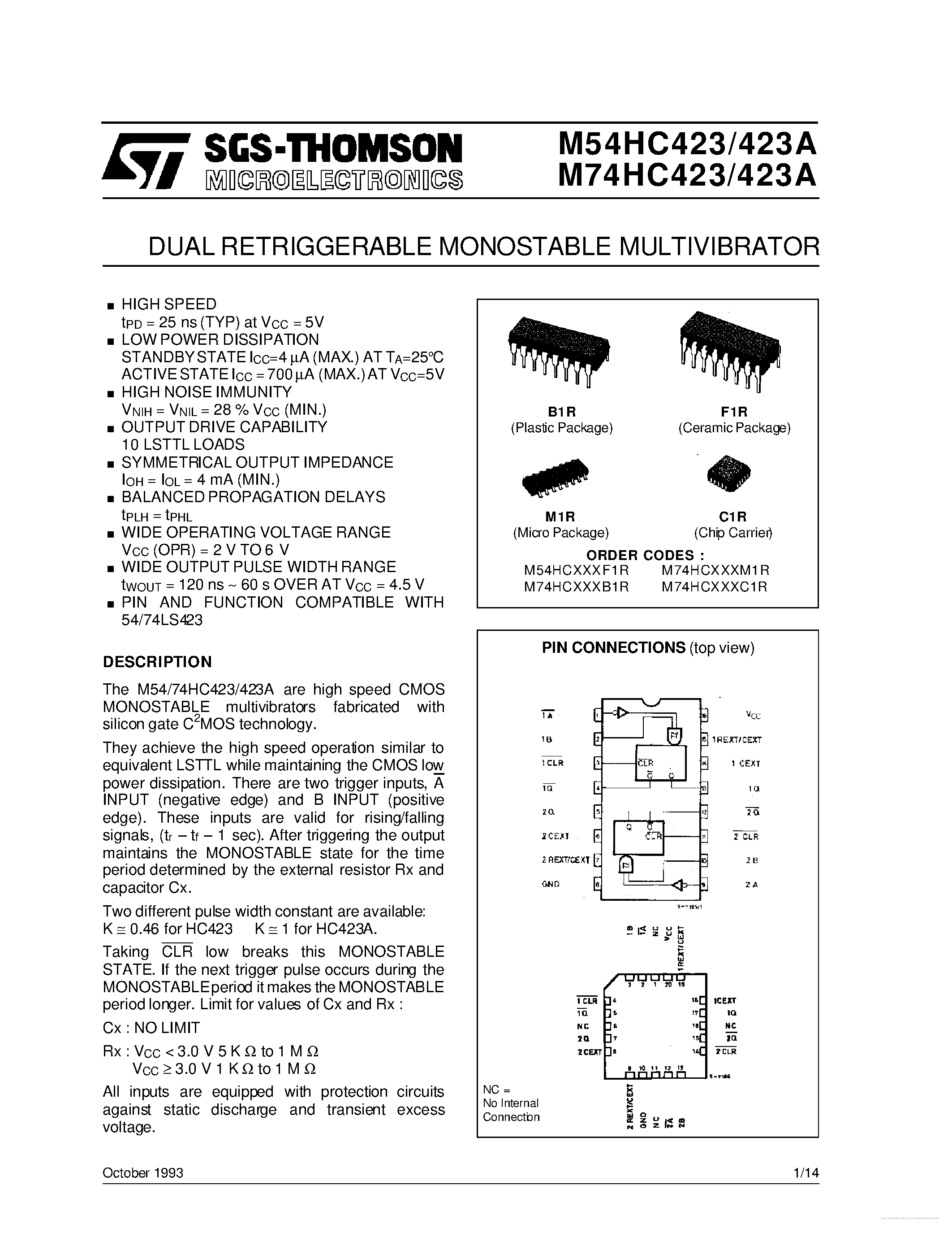 Datasheet SN74HC423 page 1 Datasheet SN74HC423 - page 1