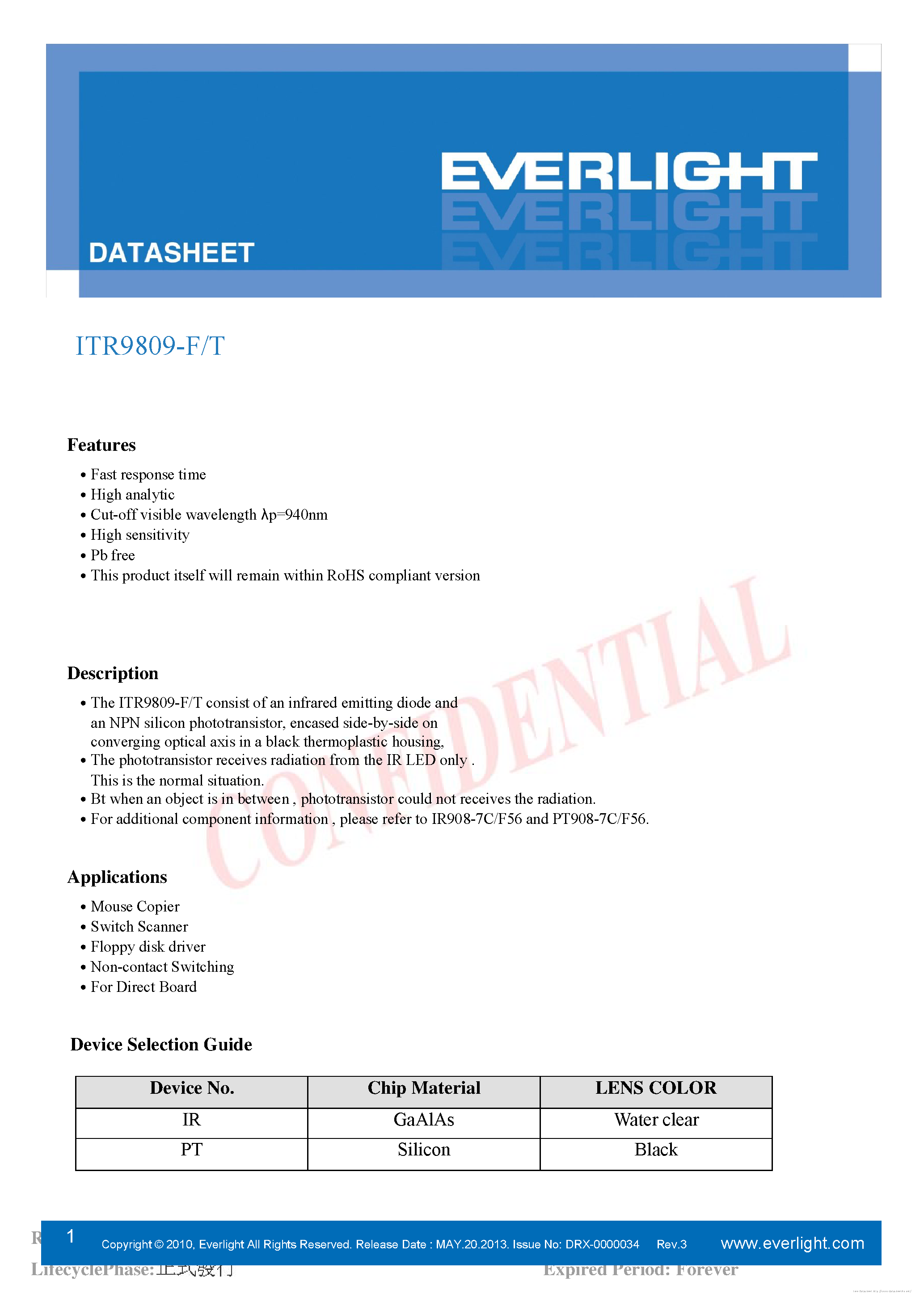Datasheet ITR9809-F page 1 Datasheet ITR9809-F - page 1