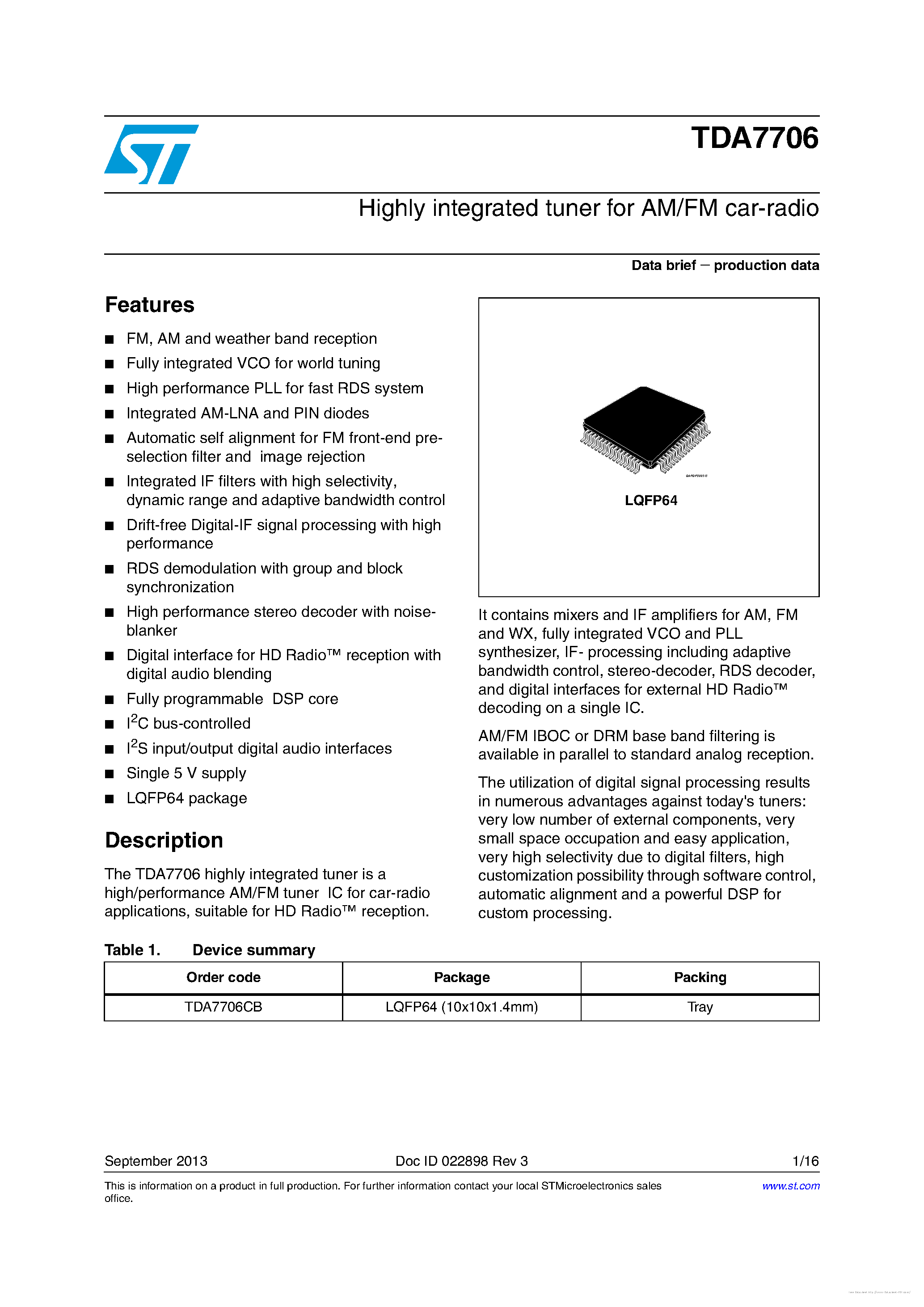 Datasheet TDA7706 page 1 Datasheet TDA7706 - page 1