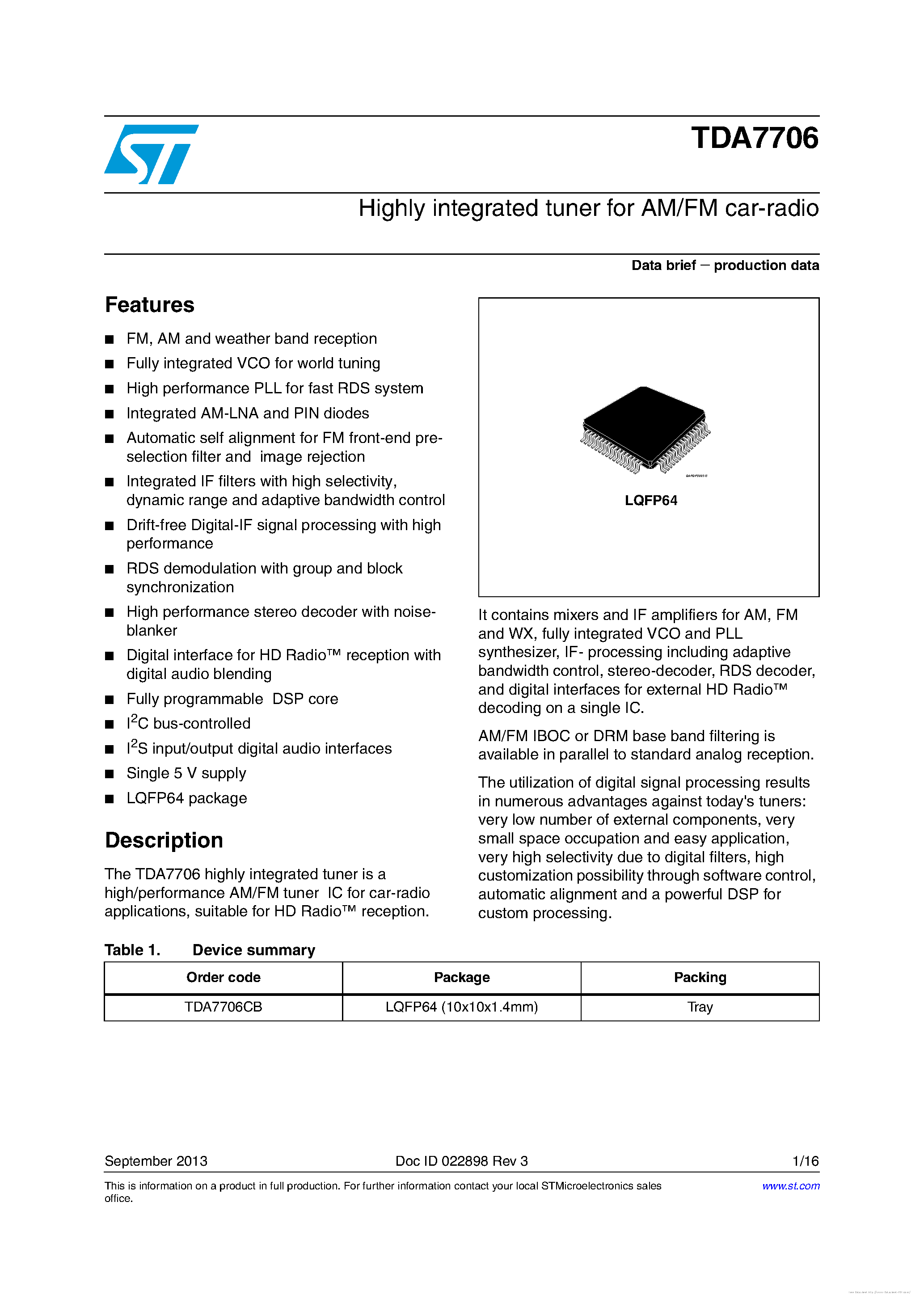 Datasheet TDA7706 - page 1