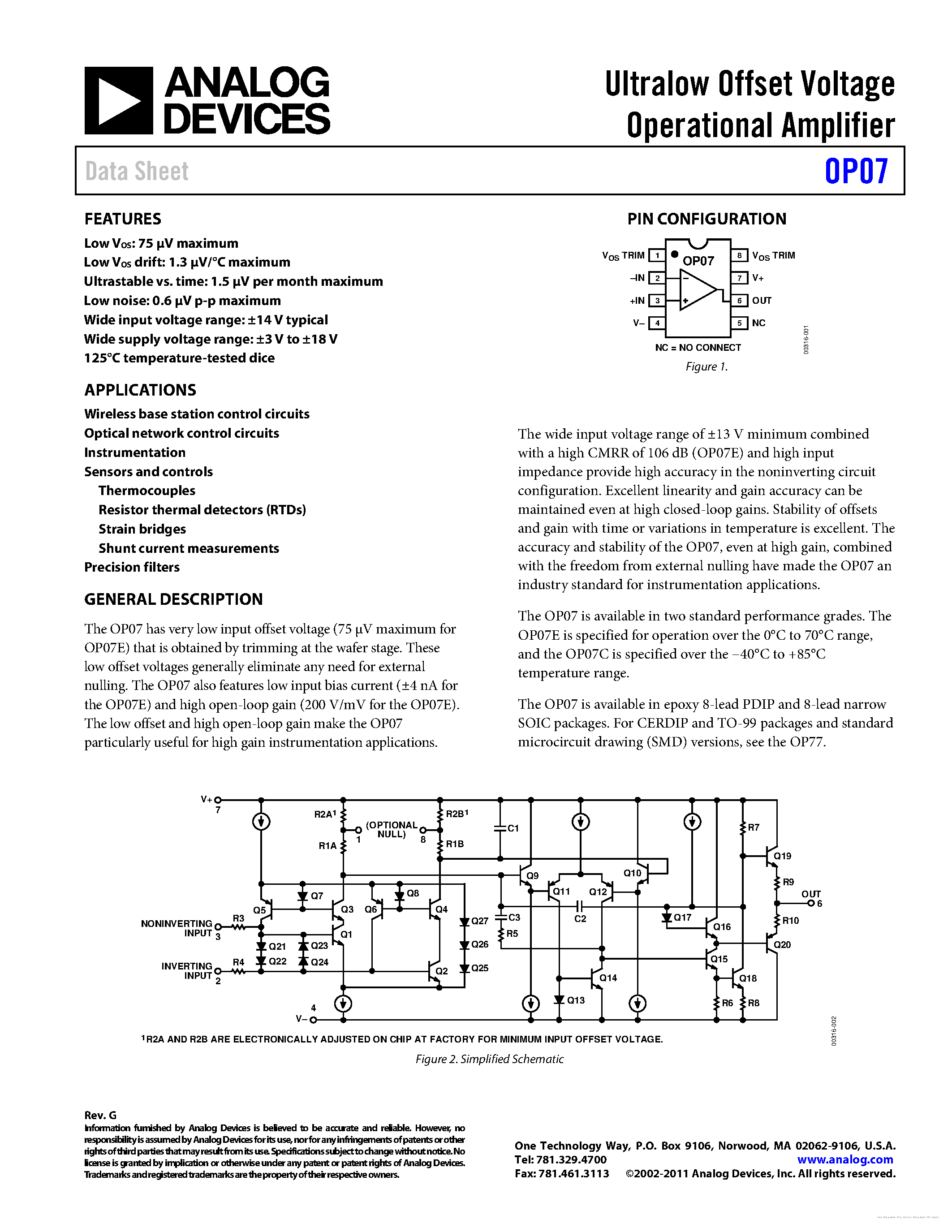 Даташит на микросхему OP07 страница 1 Даташит OP07 - страница 1