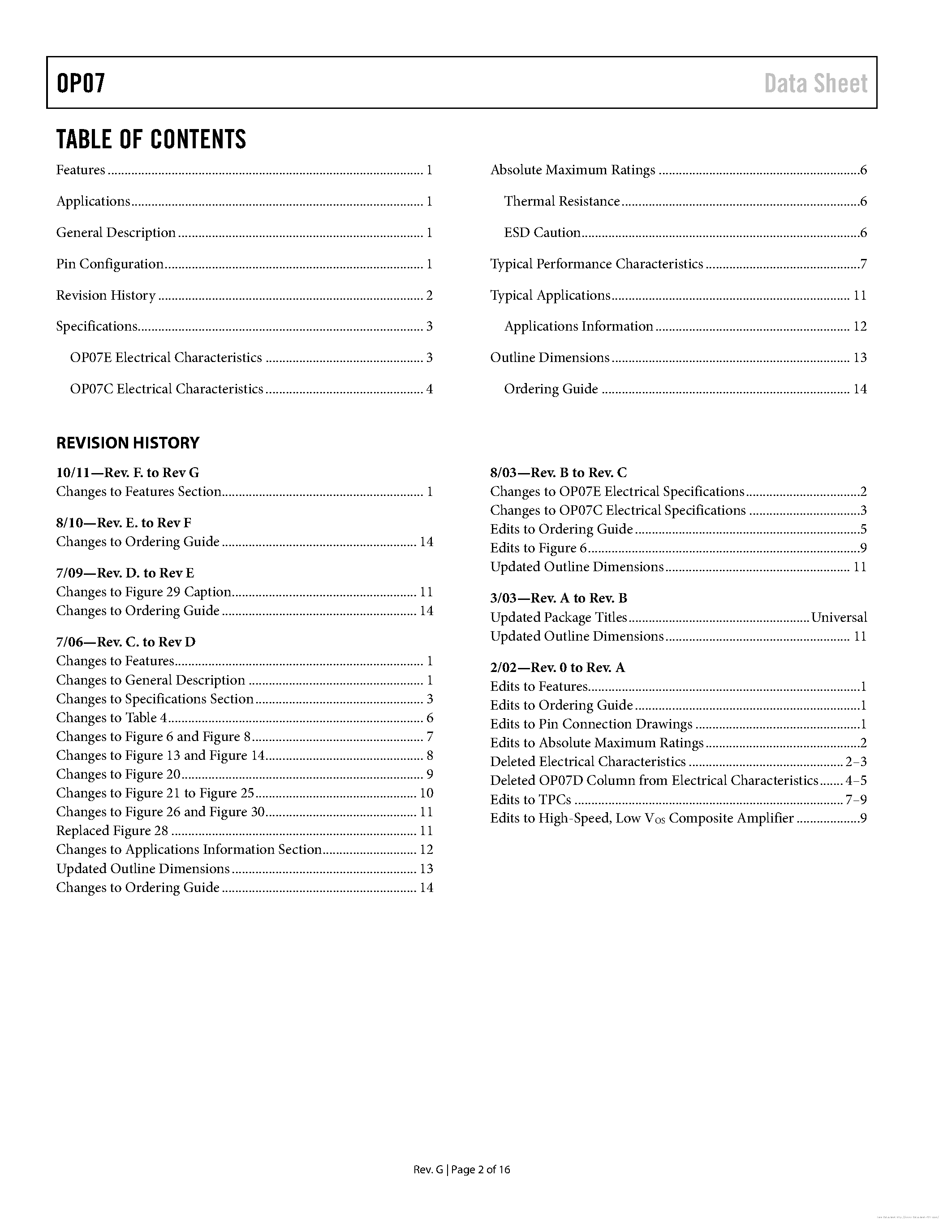 Даташит на микросхему OP07 страница 2 Даташит OP07 - страница 2
