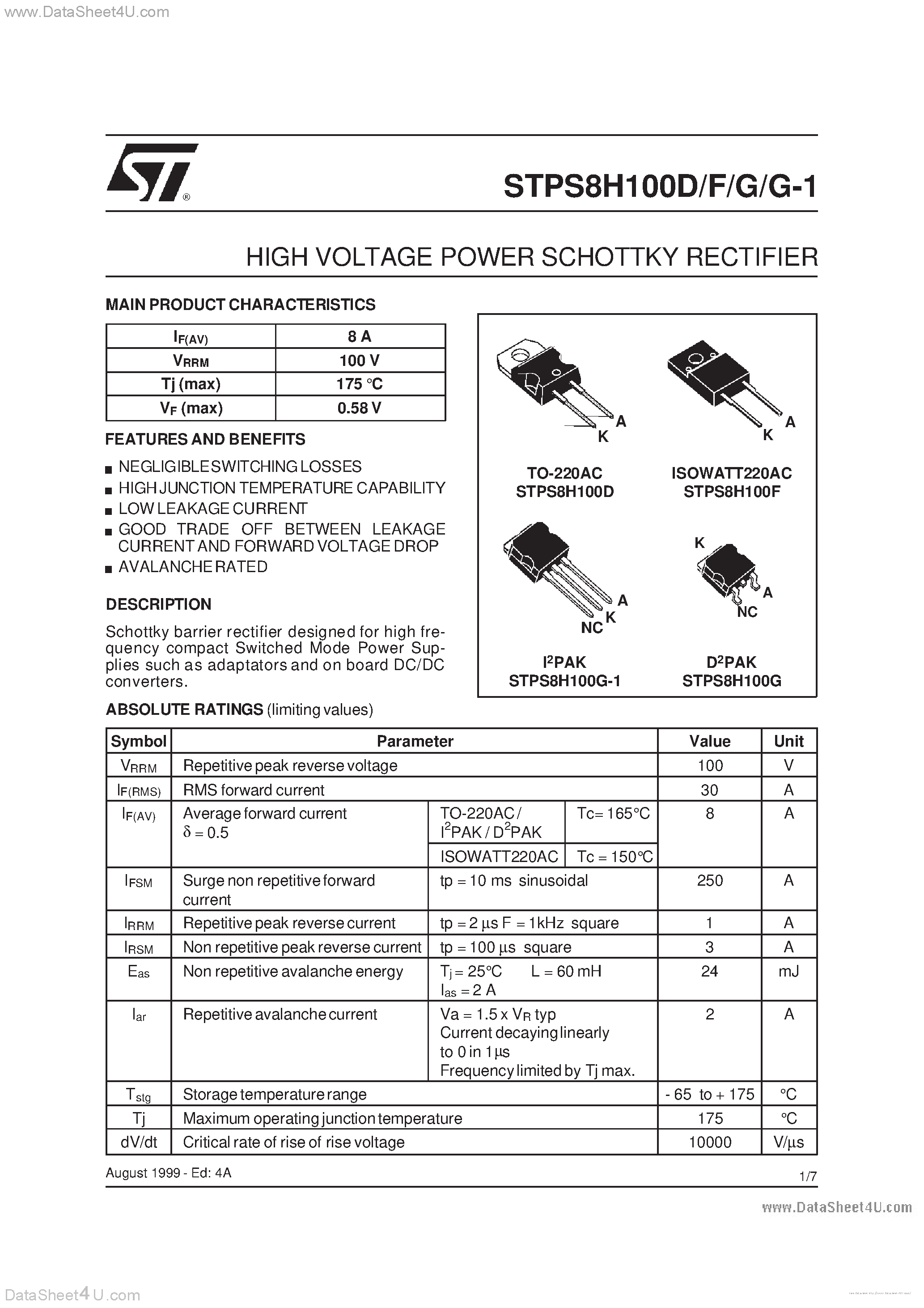 Datasheet STPS8H100D - page 1