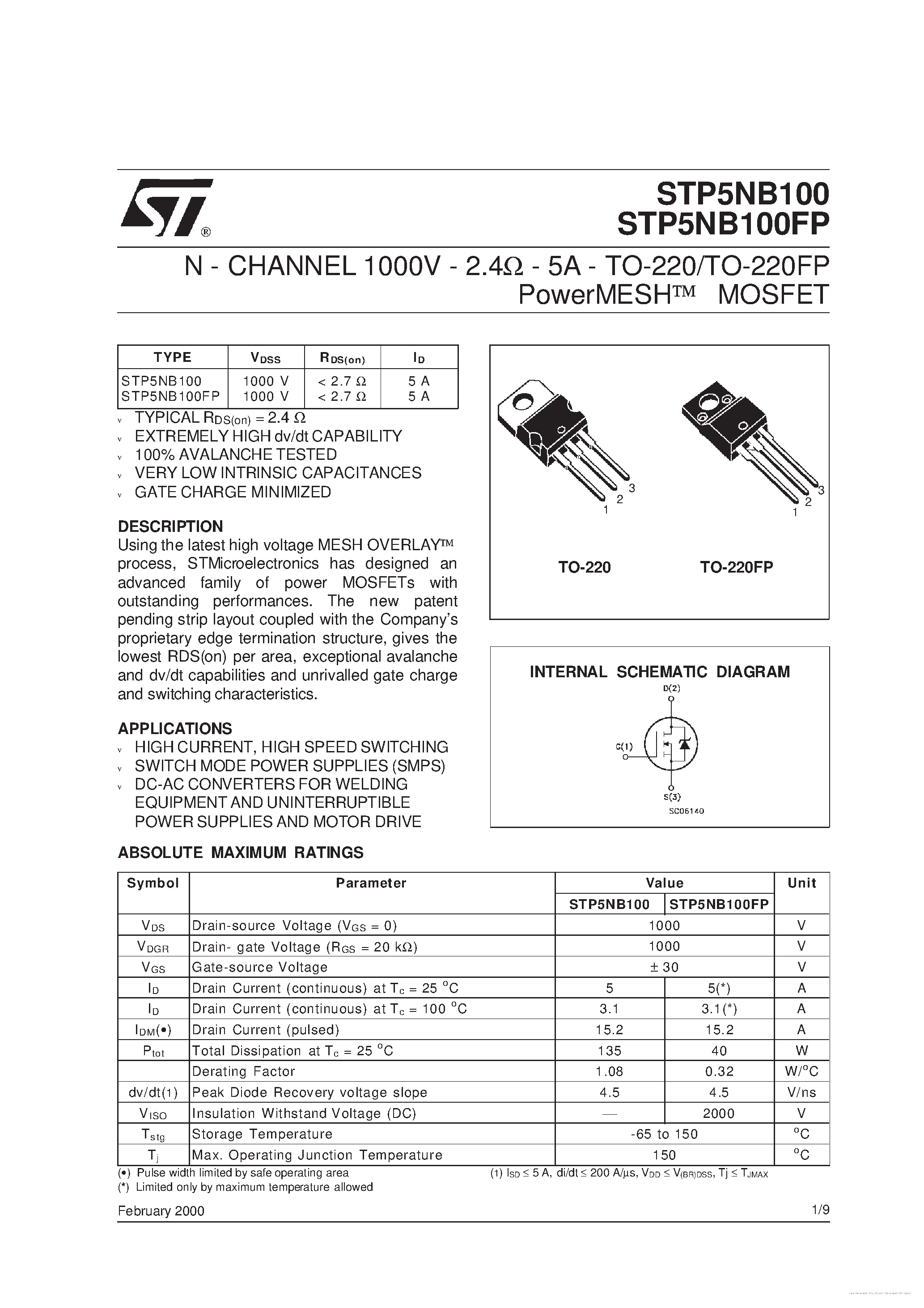 Datasheet STP5NB100 - page 1