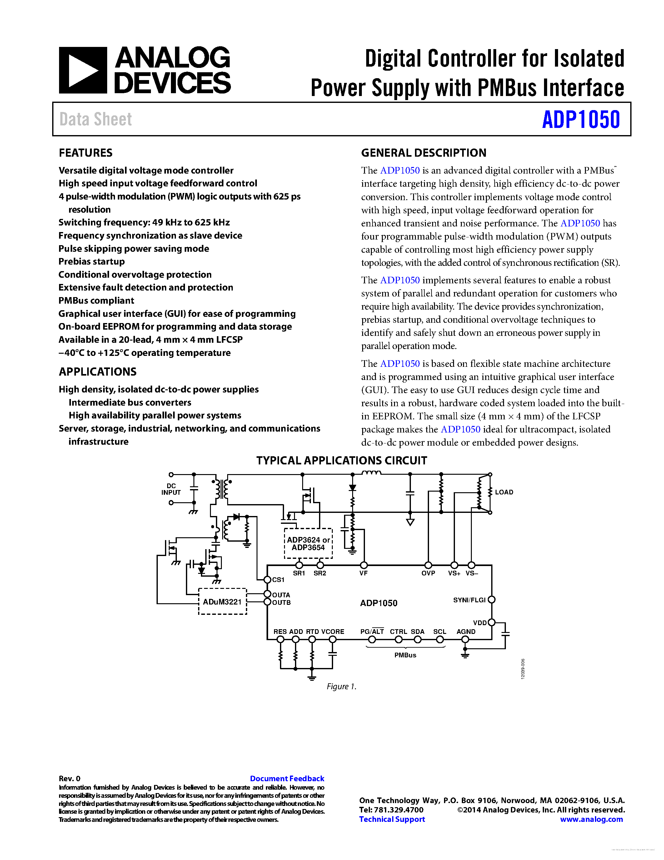 Даташит на микросхему ADP1050 страница 1 Даташит ADP1050 - страница 1