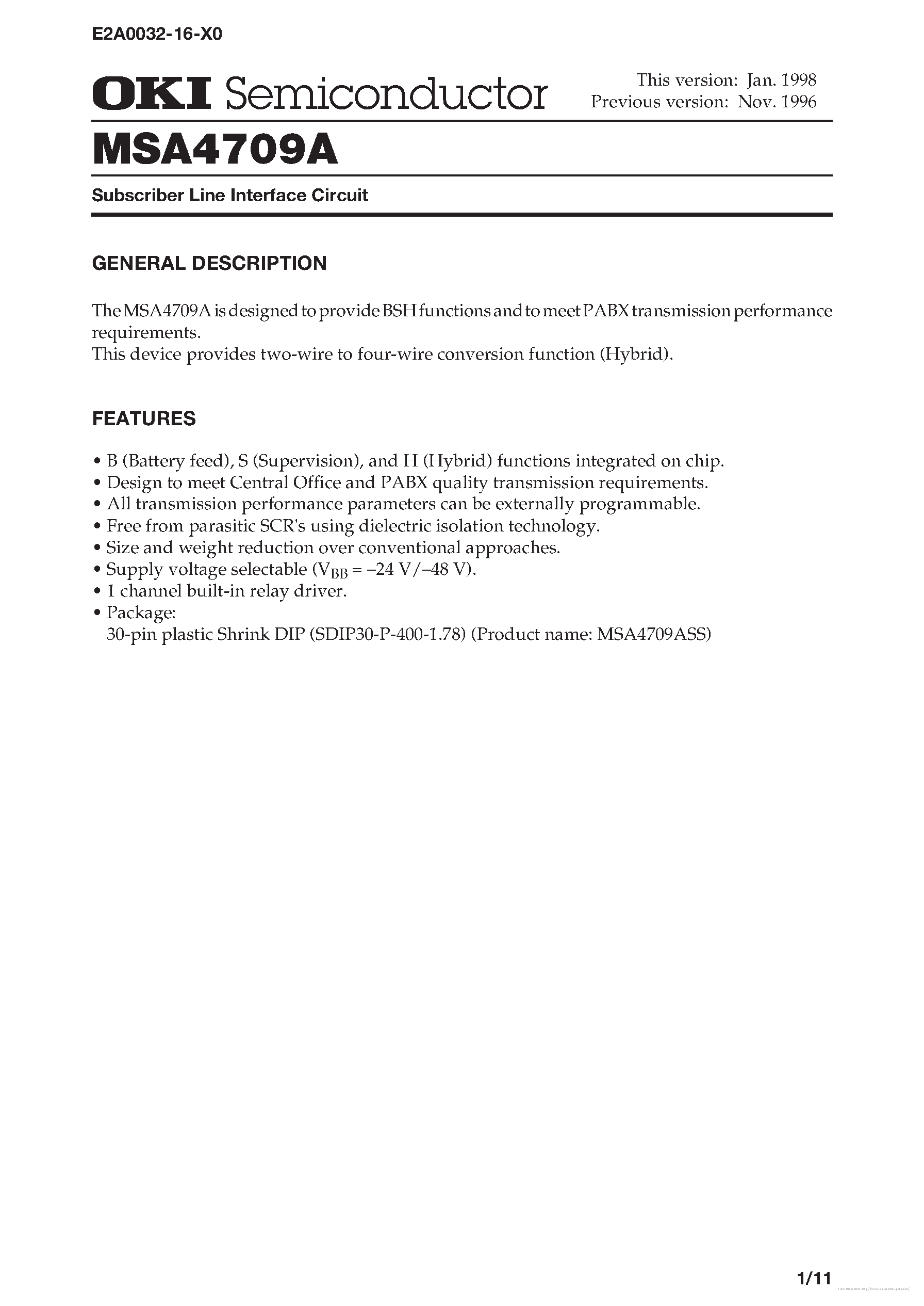 Даташит на микросхему MSA4709A страница 1 Даташит MSA4709A - страница 1