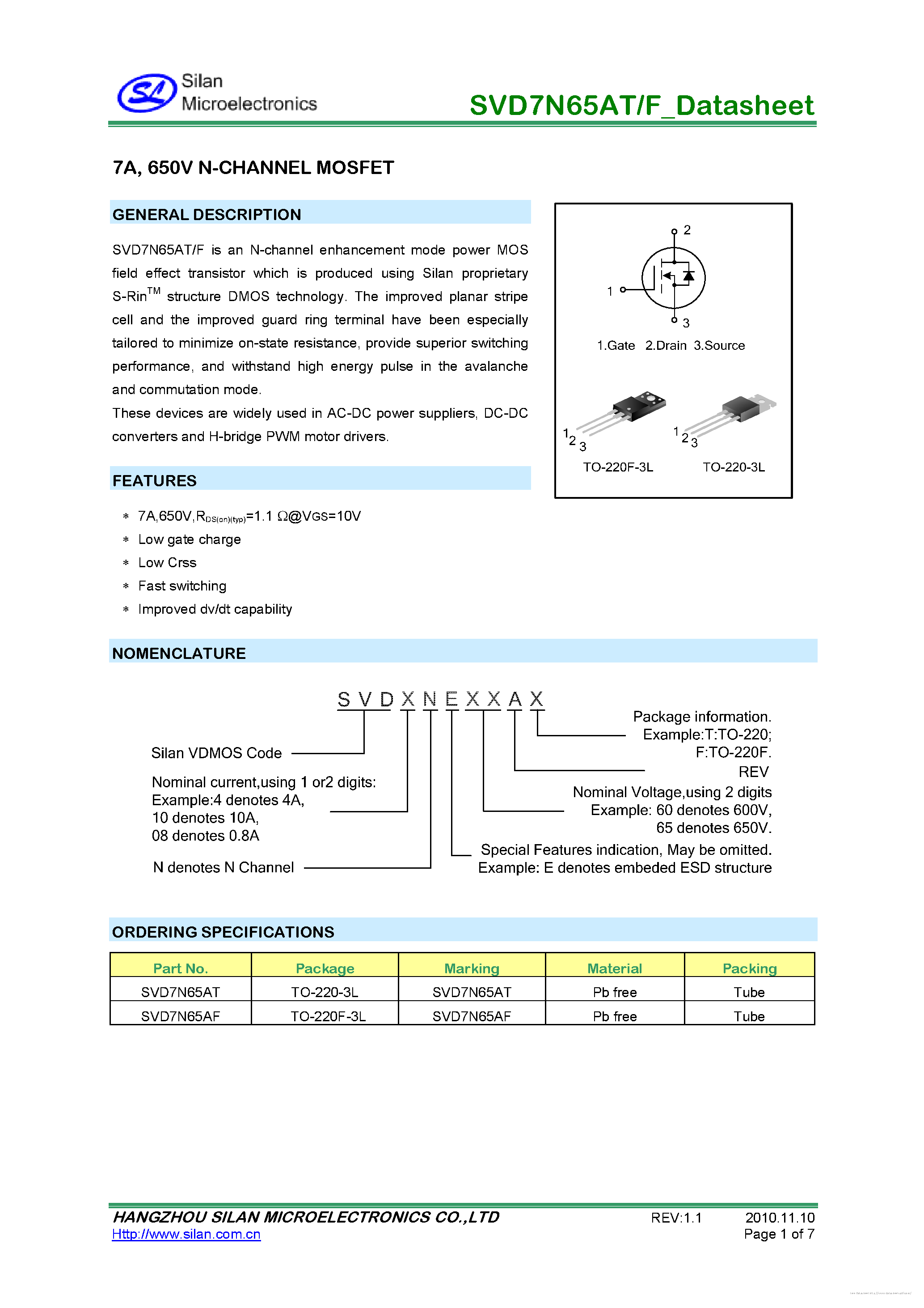 Даташит на микросхему SVD7N65AF страница 1 Даташит SVD7N65AF - страница 1