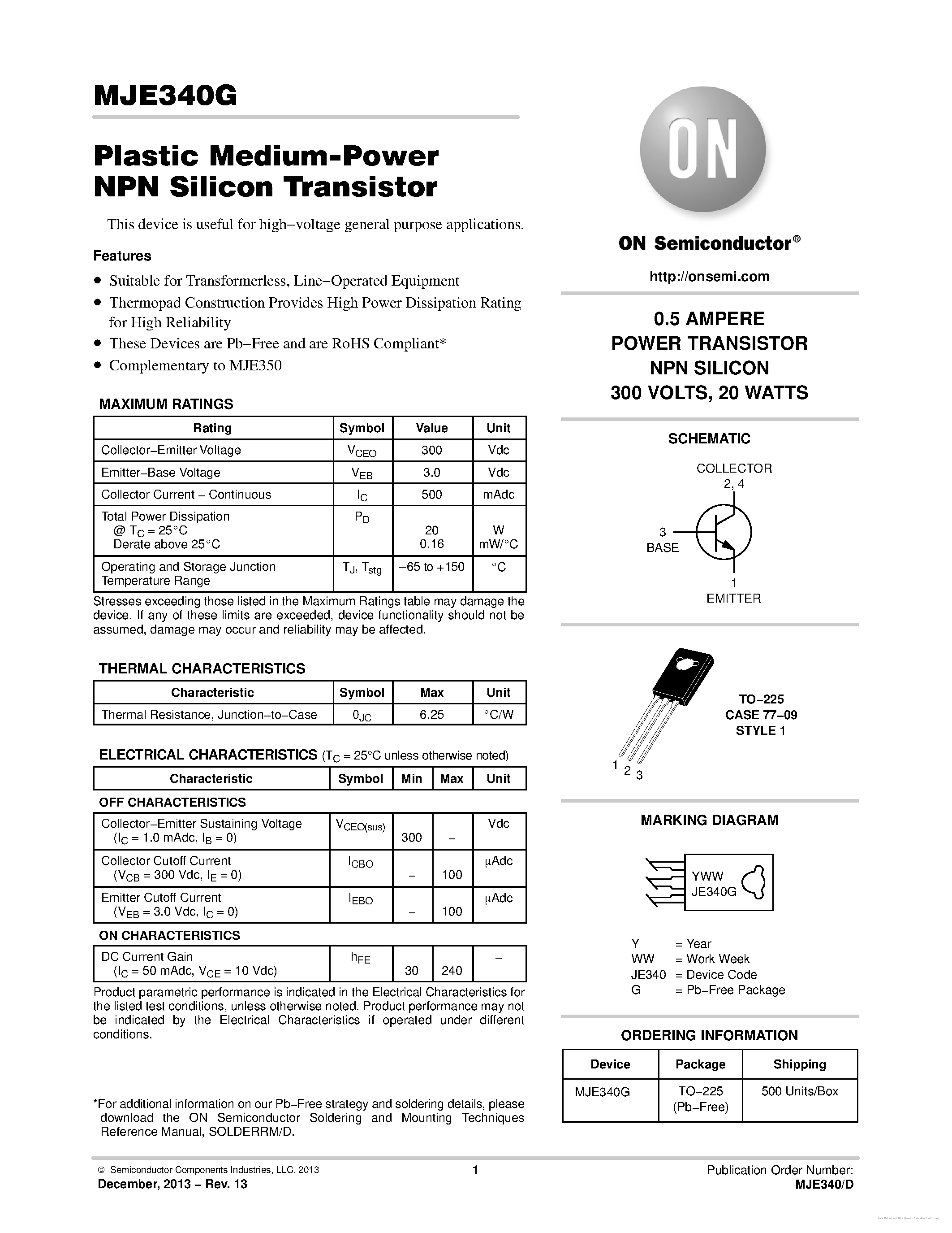 Даташит на микросхему MJE340G страница 1 Даташит MJE340G - страница 1