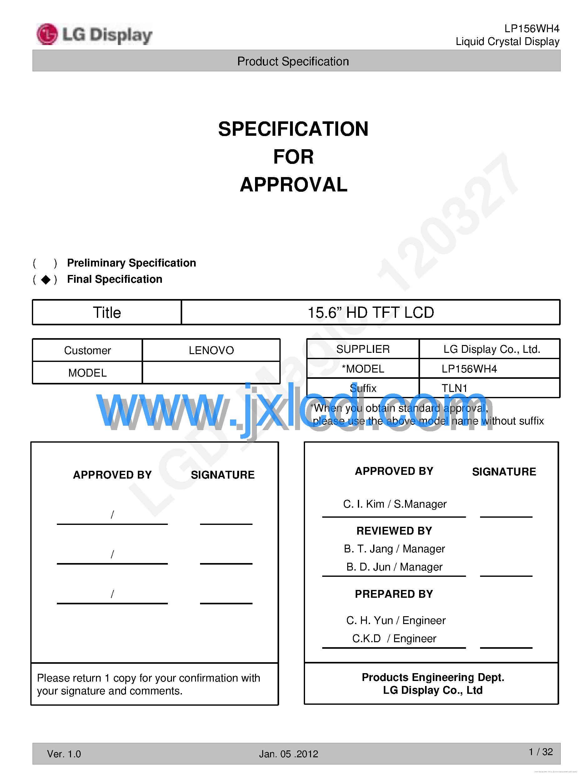 Даташит на микросхему LP156WH4-TLN1 страница 1 Даташит LP156WH4-TLN1 - страница 1
