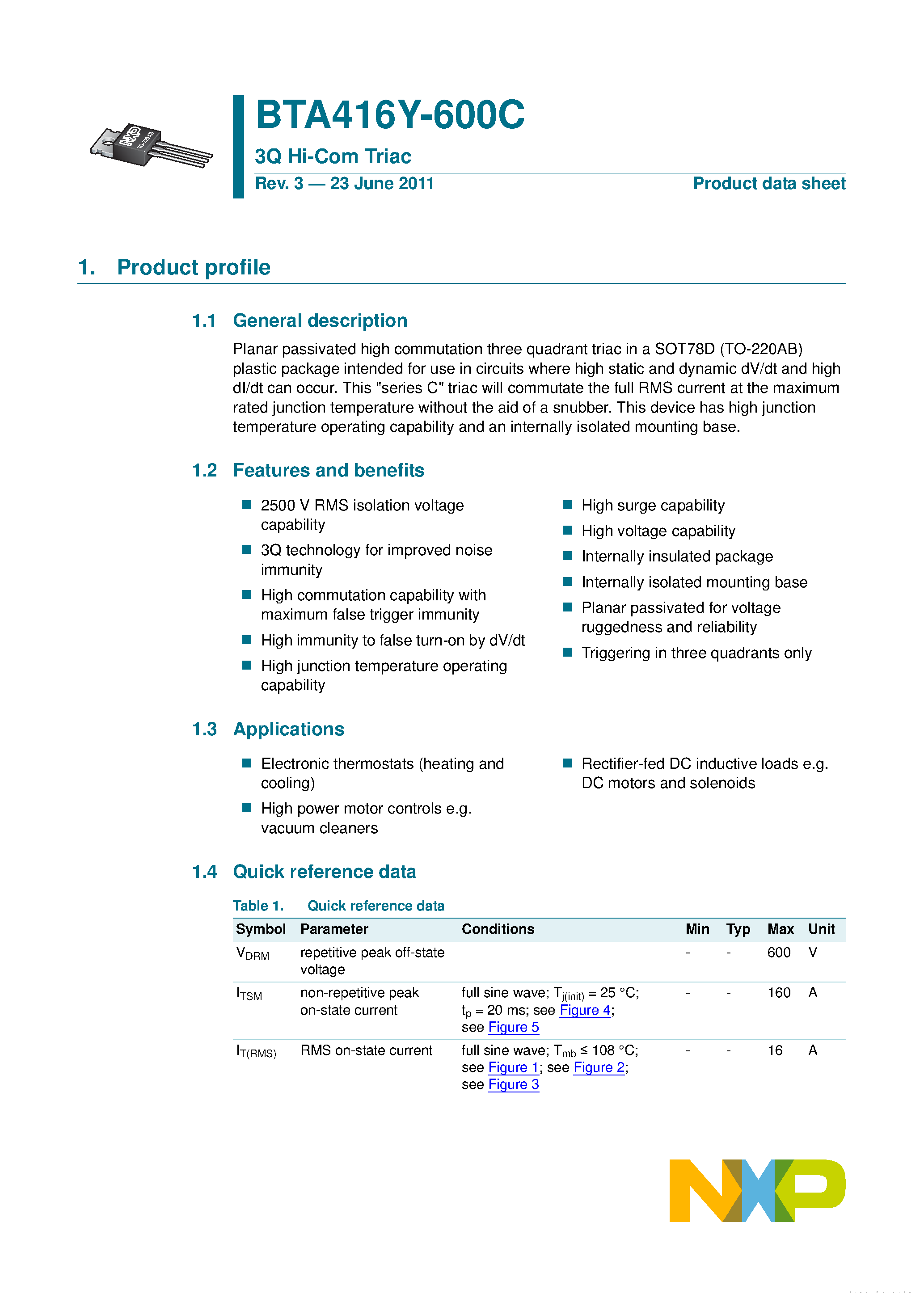Даташит на микросхему BTA416Y-600C страница 1 Даташит BTA416Y-600C - страница 1