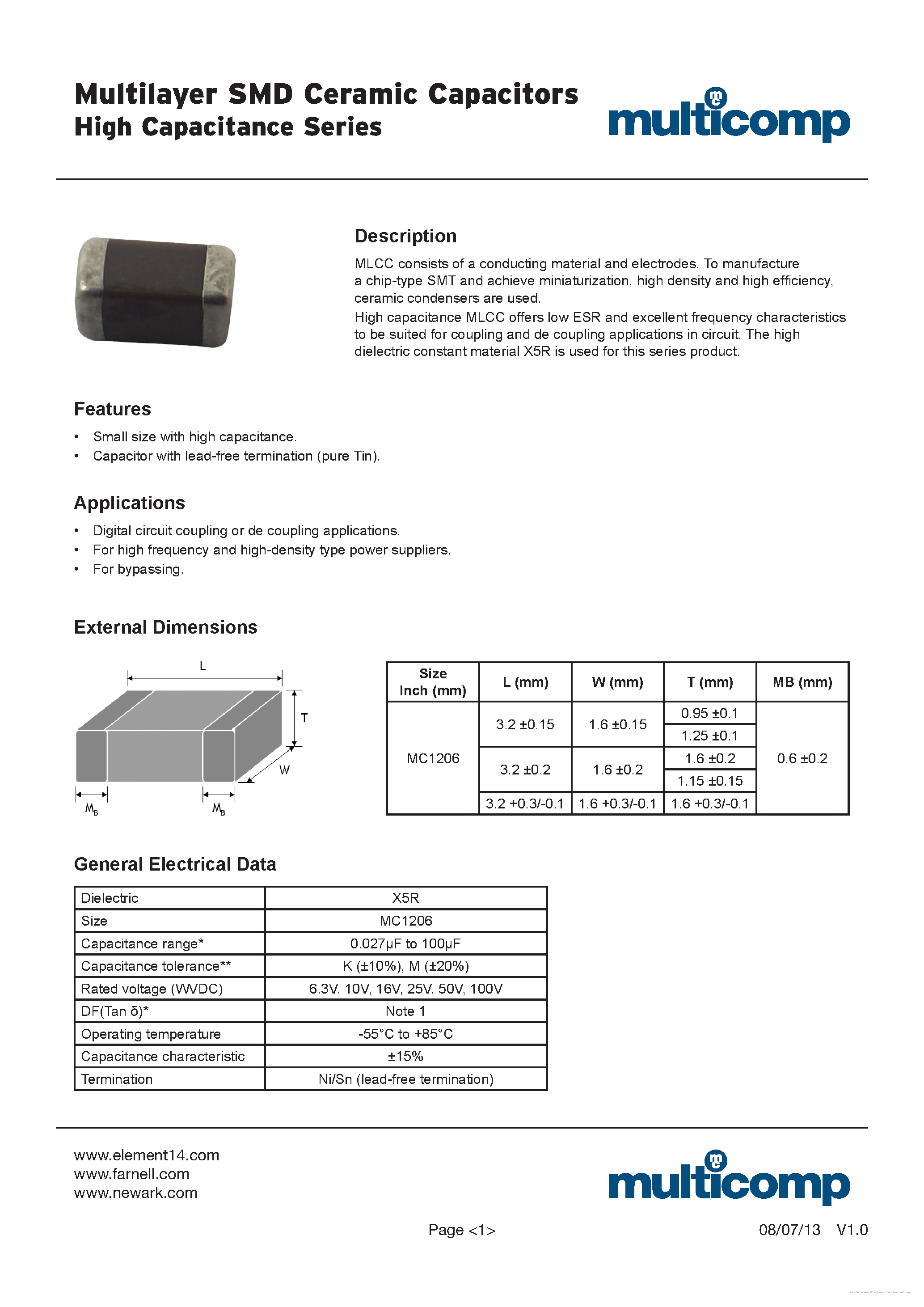 Даташит на микросхему MC1206 страница 1 Даташит MC1206 - страница 1