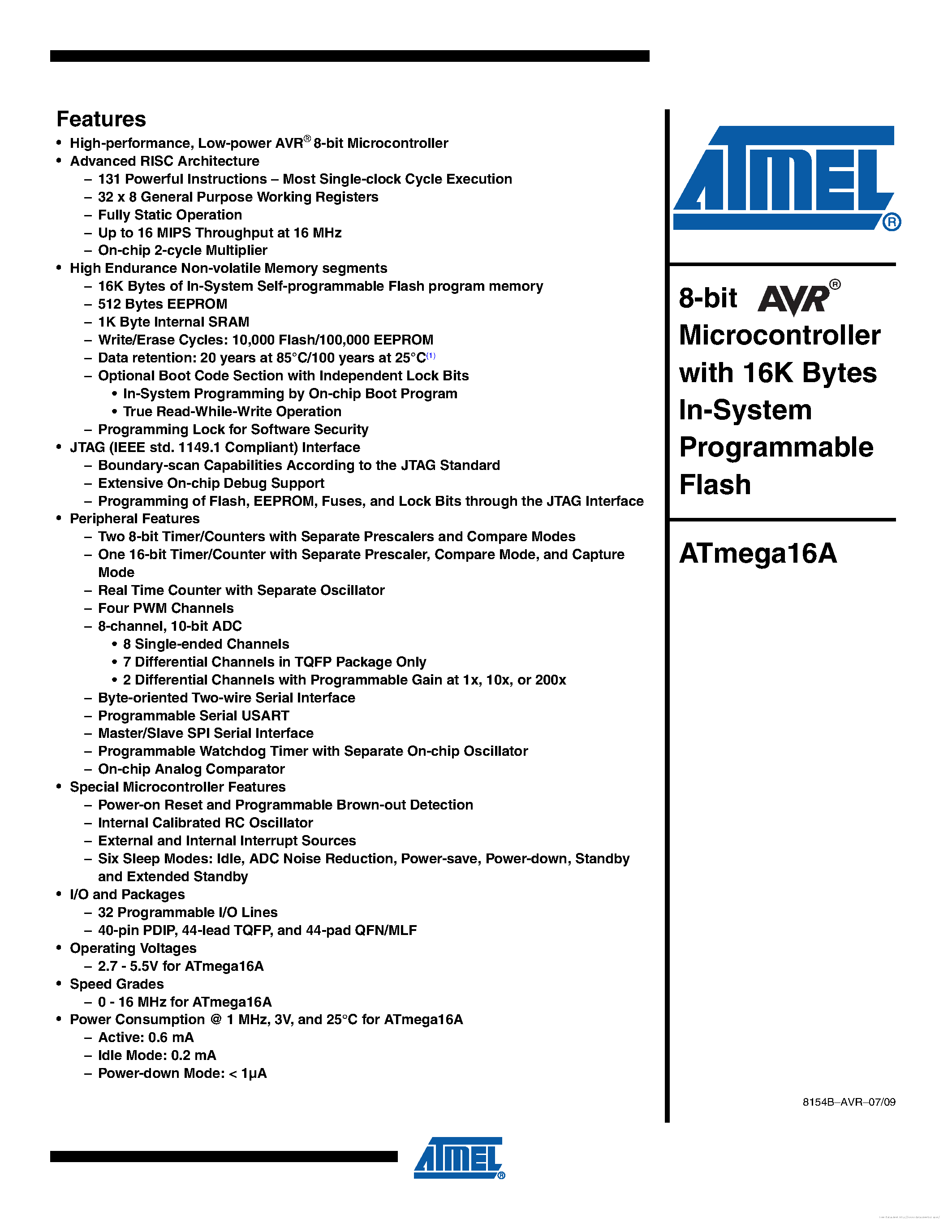 Даташит на микросхему ATMEGA16A страница 1 Даташит ATMEGA16A - страница 1