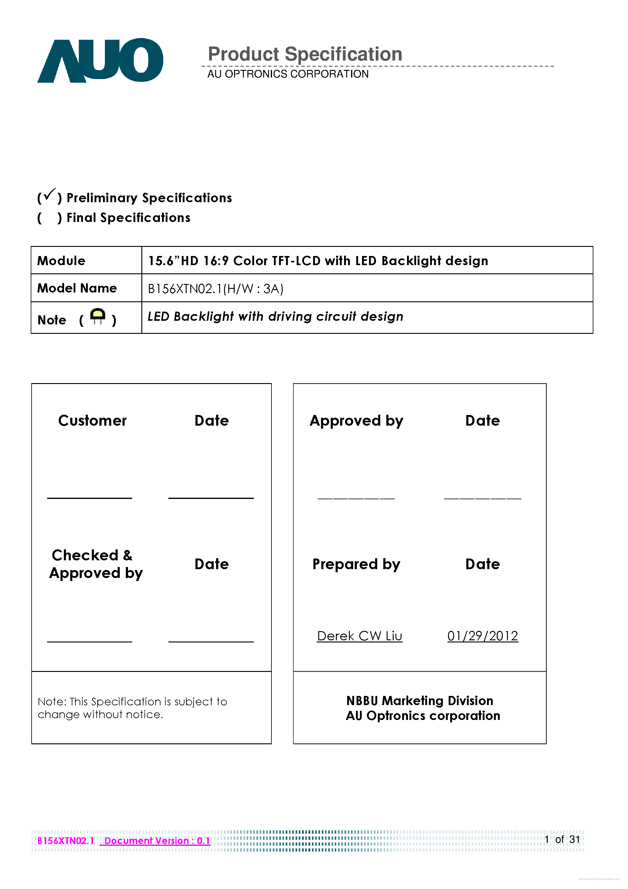 Datasheet B156XTN02.1-3A - page 1