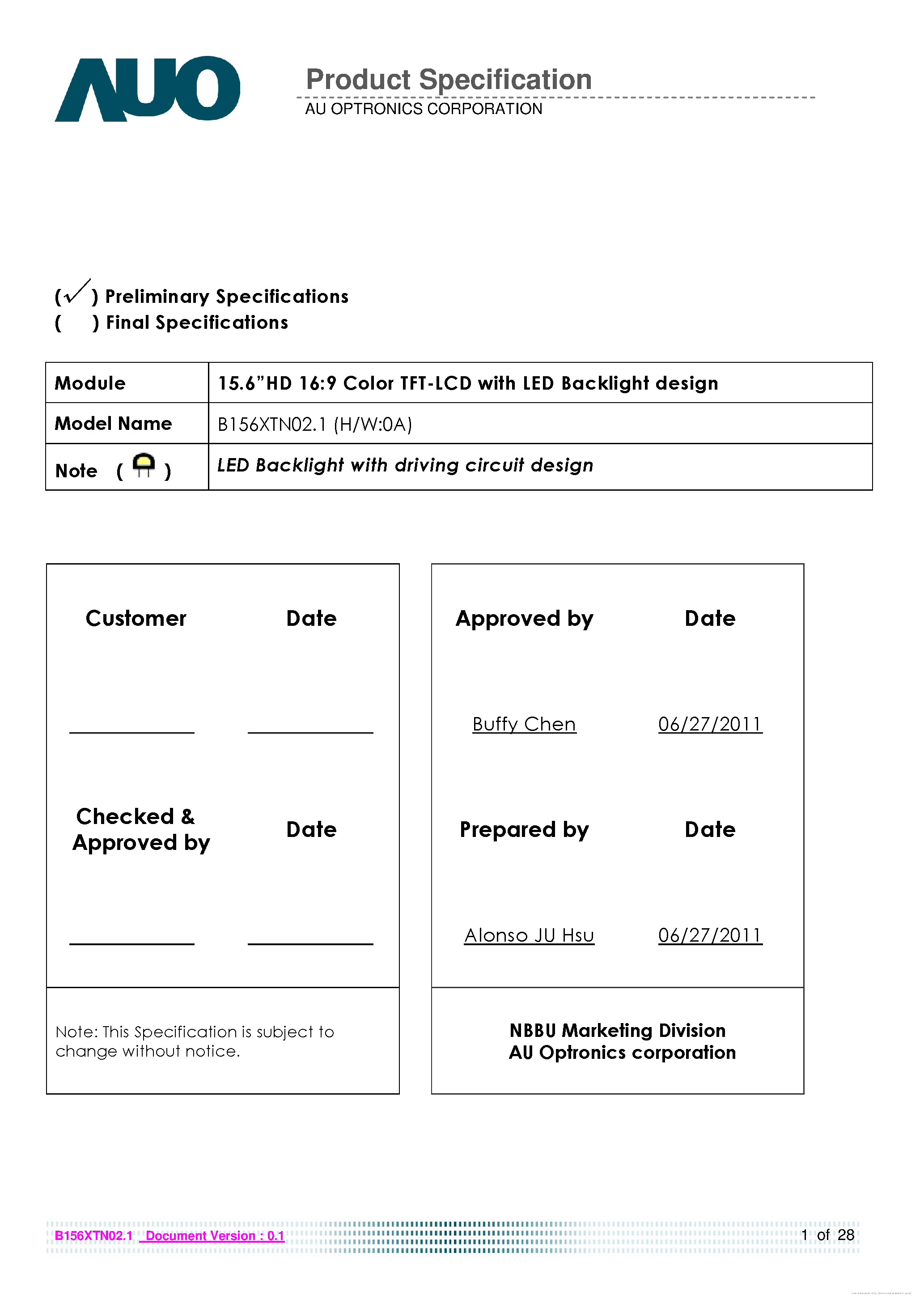 Datasheet B156XTN02.1-0A - page 1