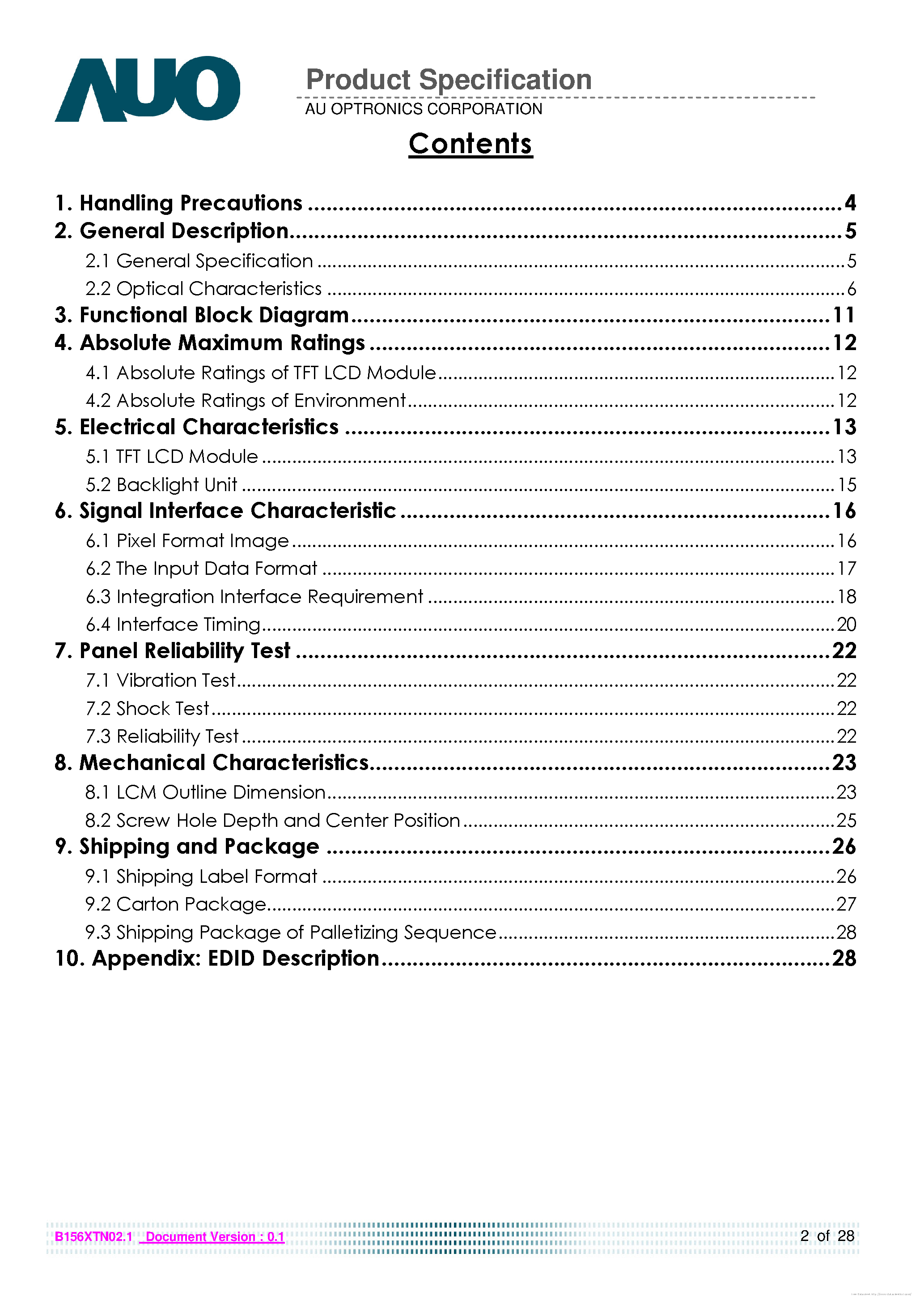 Datasheet B156XTN02.1-0A - page 2