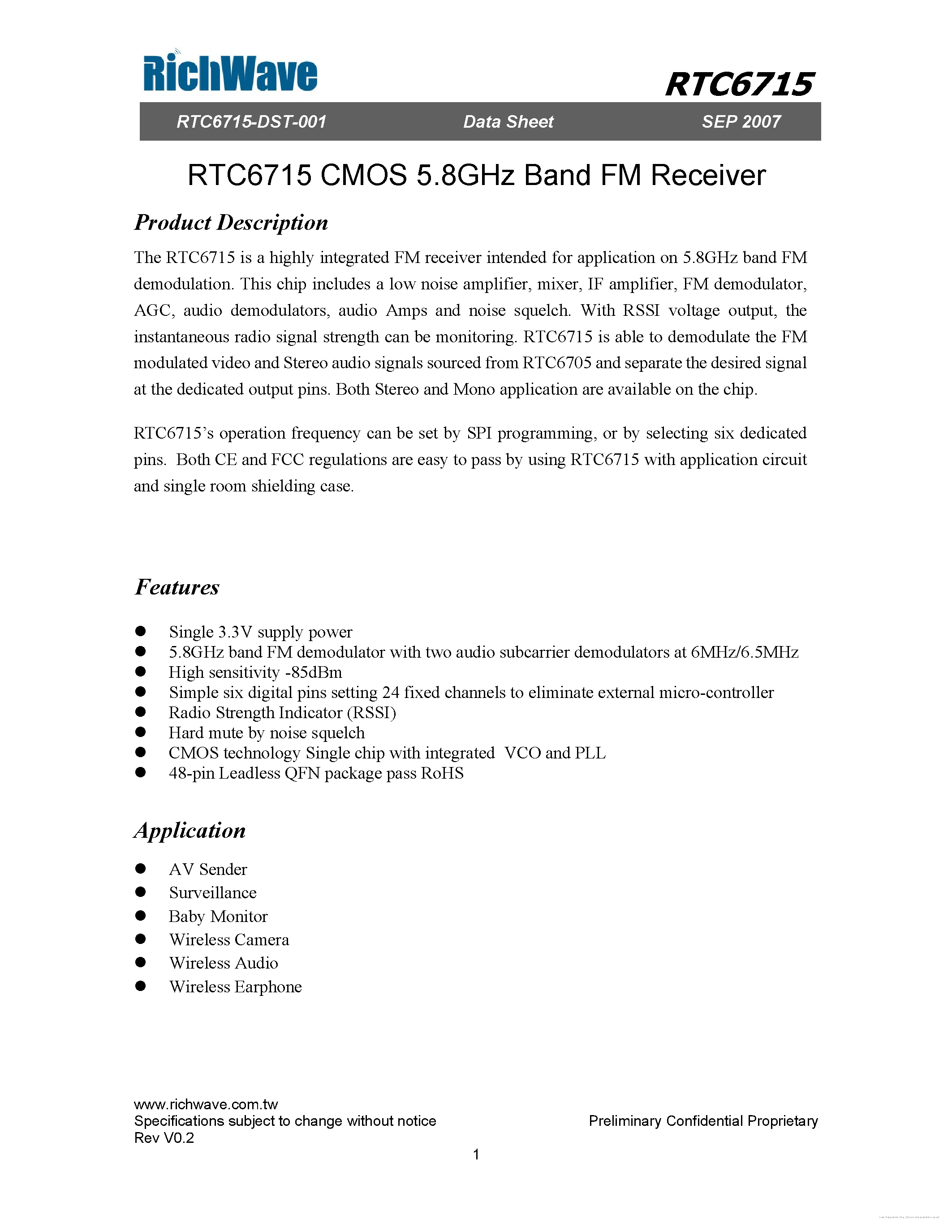 Даташит на микросхему RTC6715 страница 1 Даташит RTC6715 - страница 1