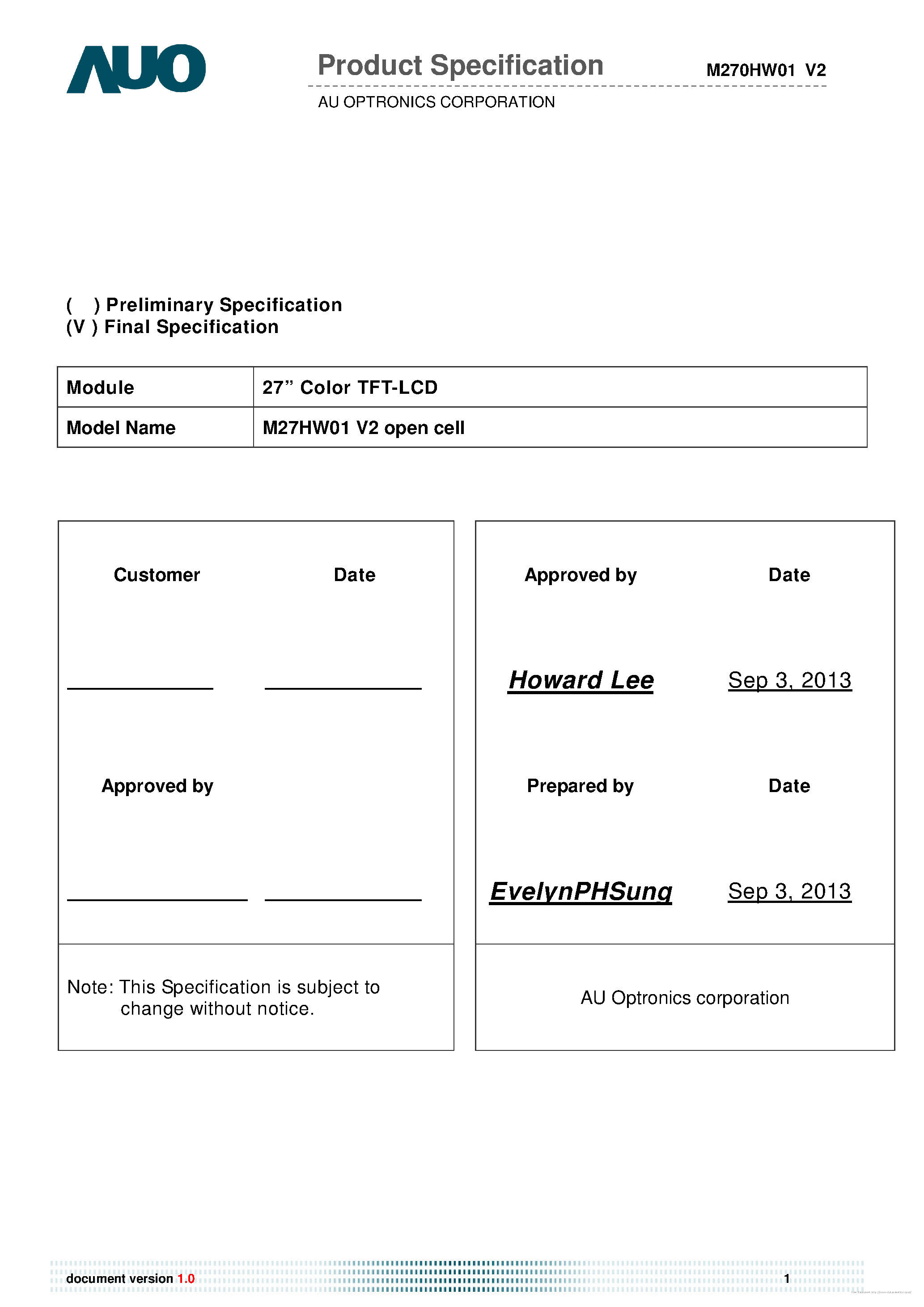 Datasheet M270HW01-V2-open-cell - page 1