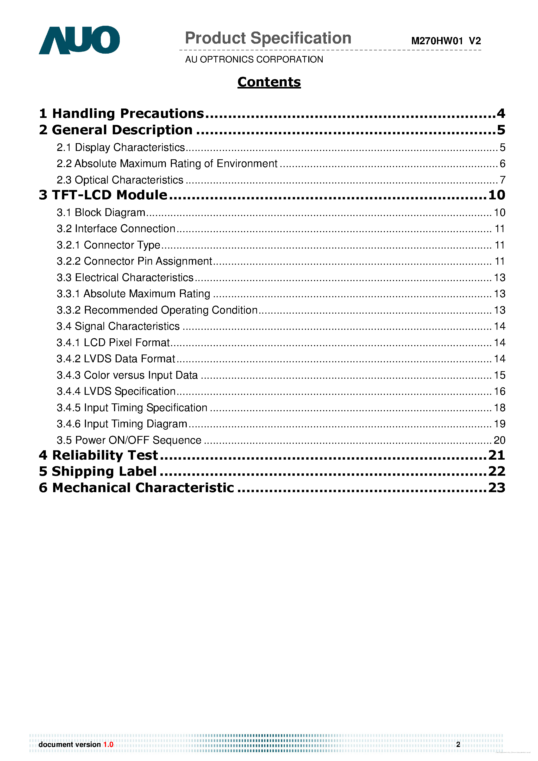 Datasheet M270HW01-V2-open-cell - page 2