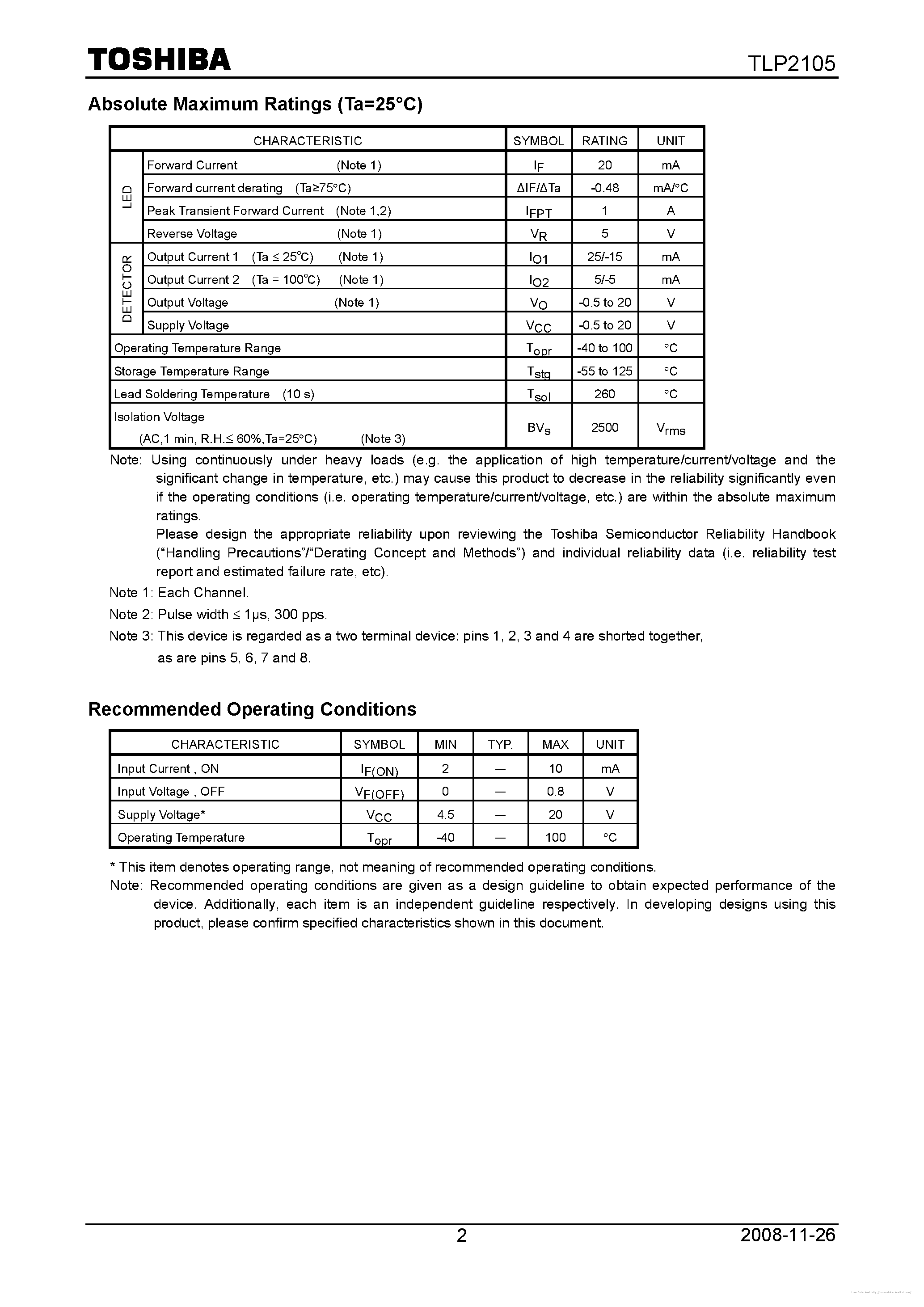 Datasheet TLP2105 page 2 Datasheet TLP2105 - page 2