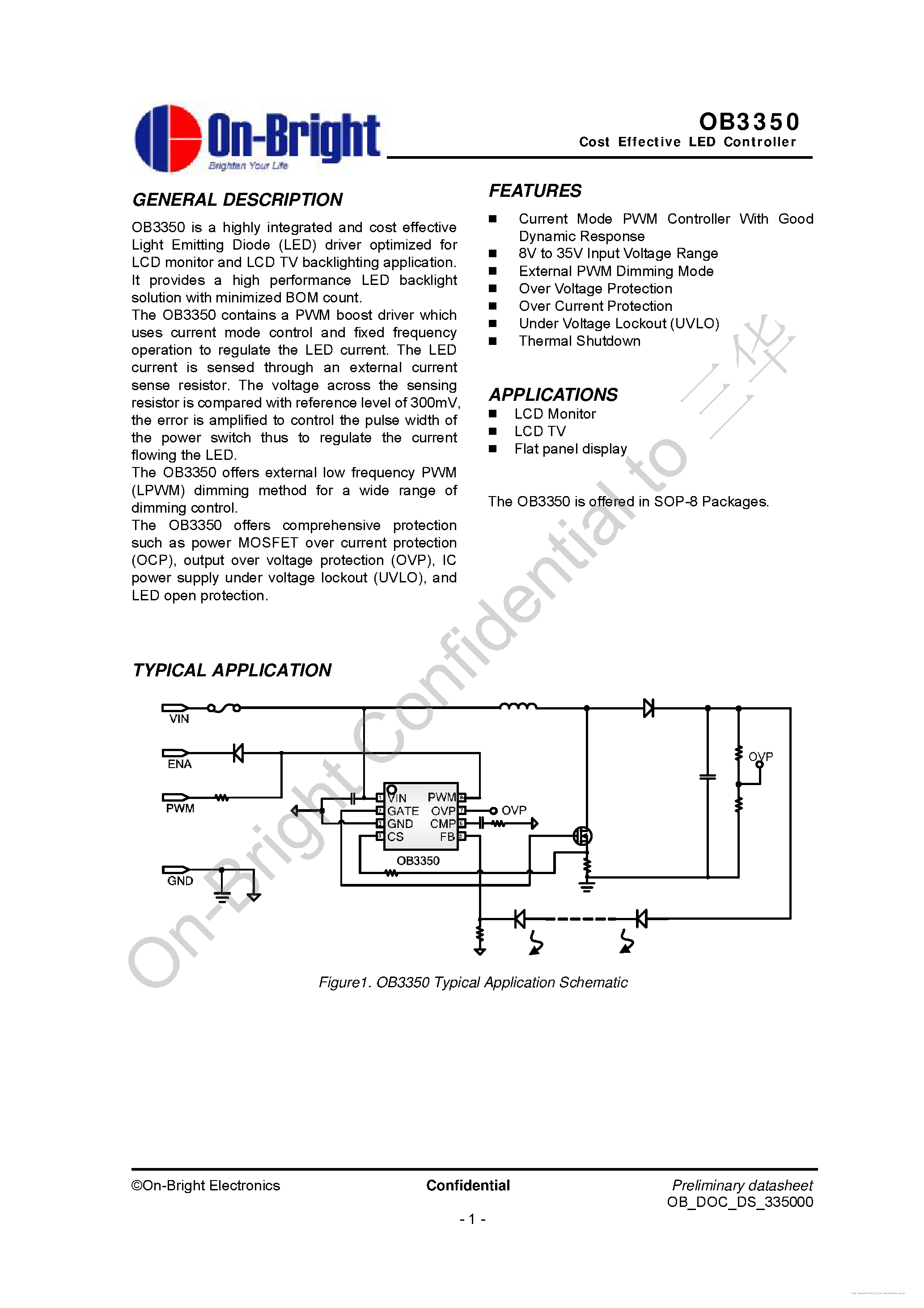Даташит на микросхему OB3350 страница 1 Даташит OB3350 - страница 1