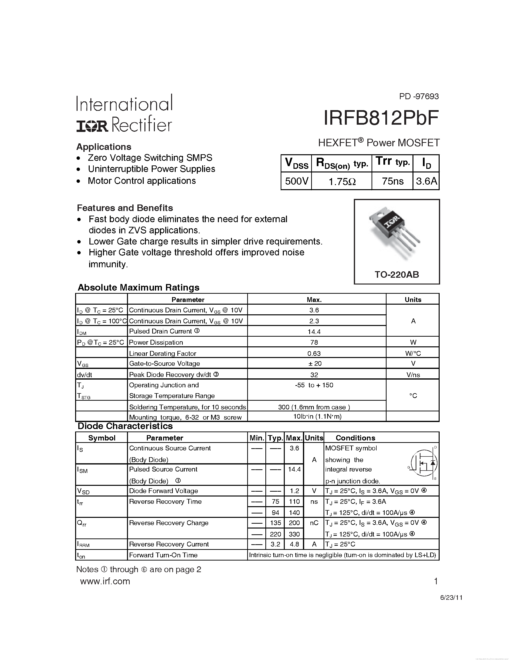 Datasheet IRFB812PBF page 1 Datasheet IRFB812PBF - page 1