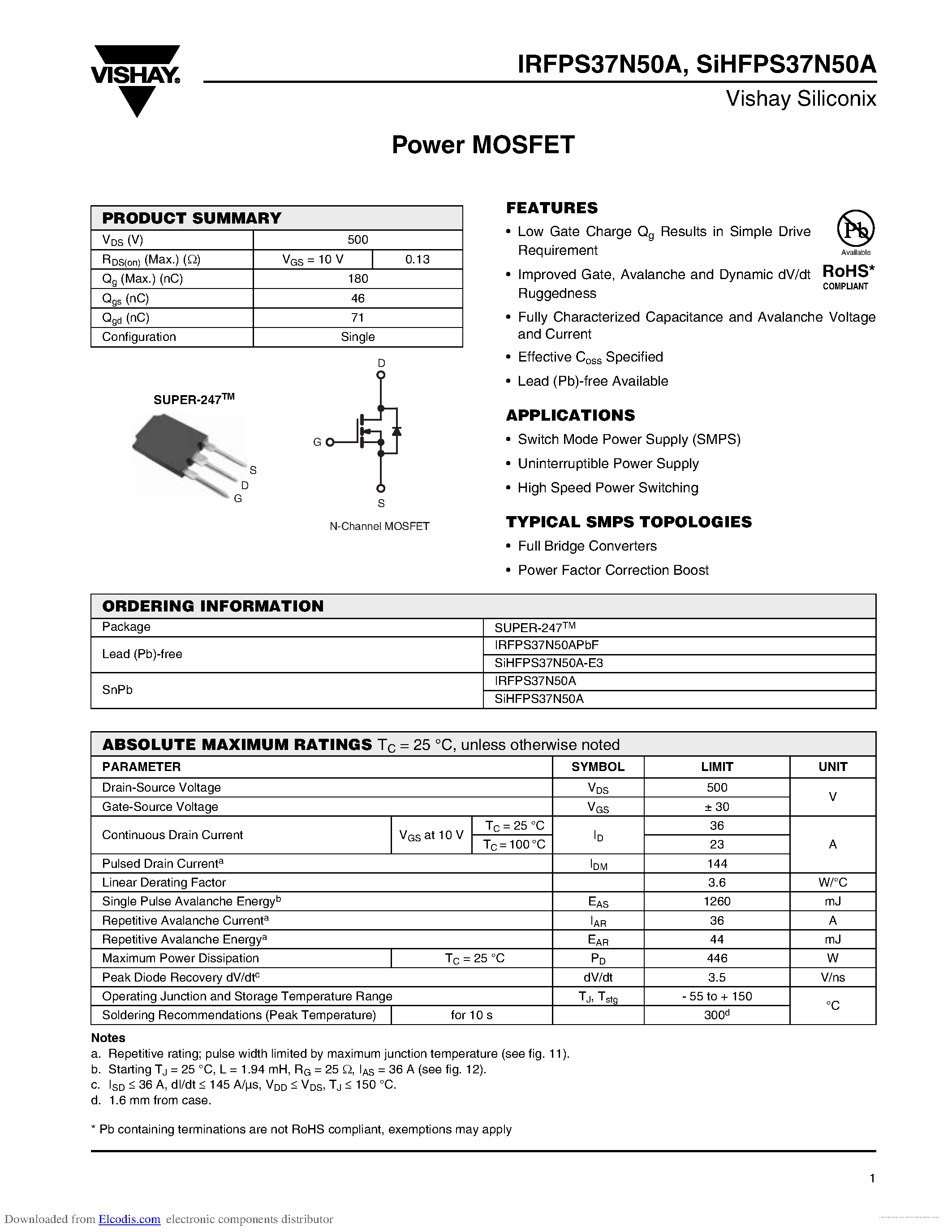 Datasheet IRFPS37N50A - page 1