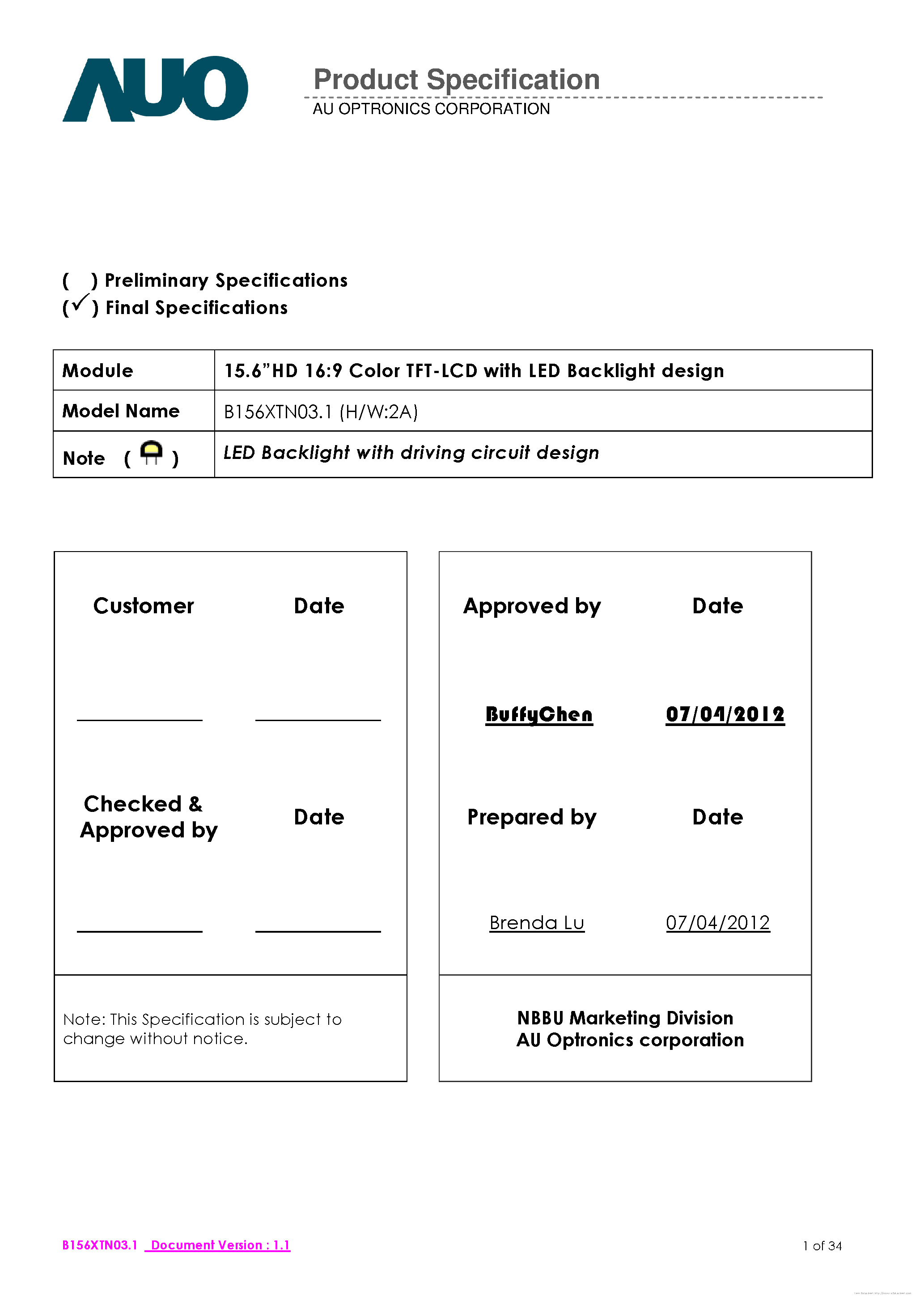 Datasheet B156XTN03.1 - page 1