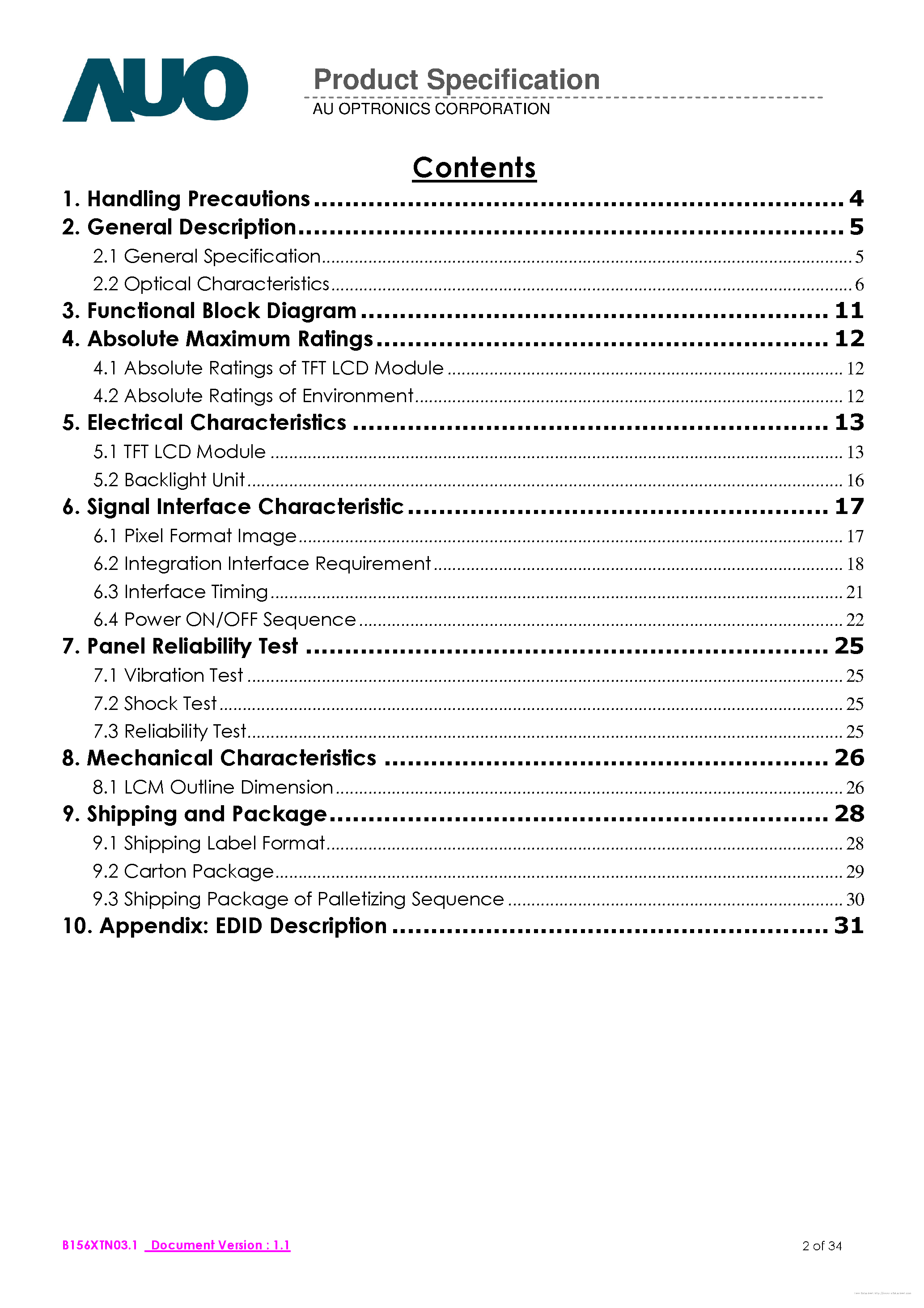 Datasheet B156XTN03.1 - page 2
