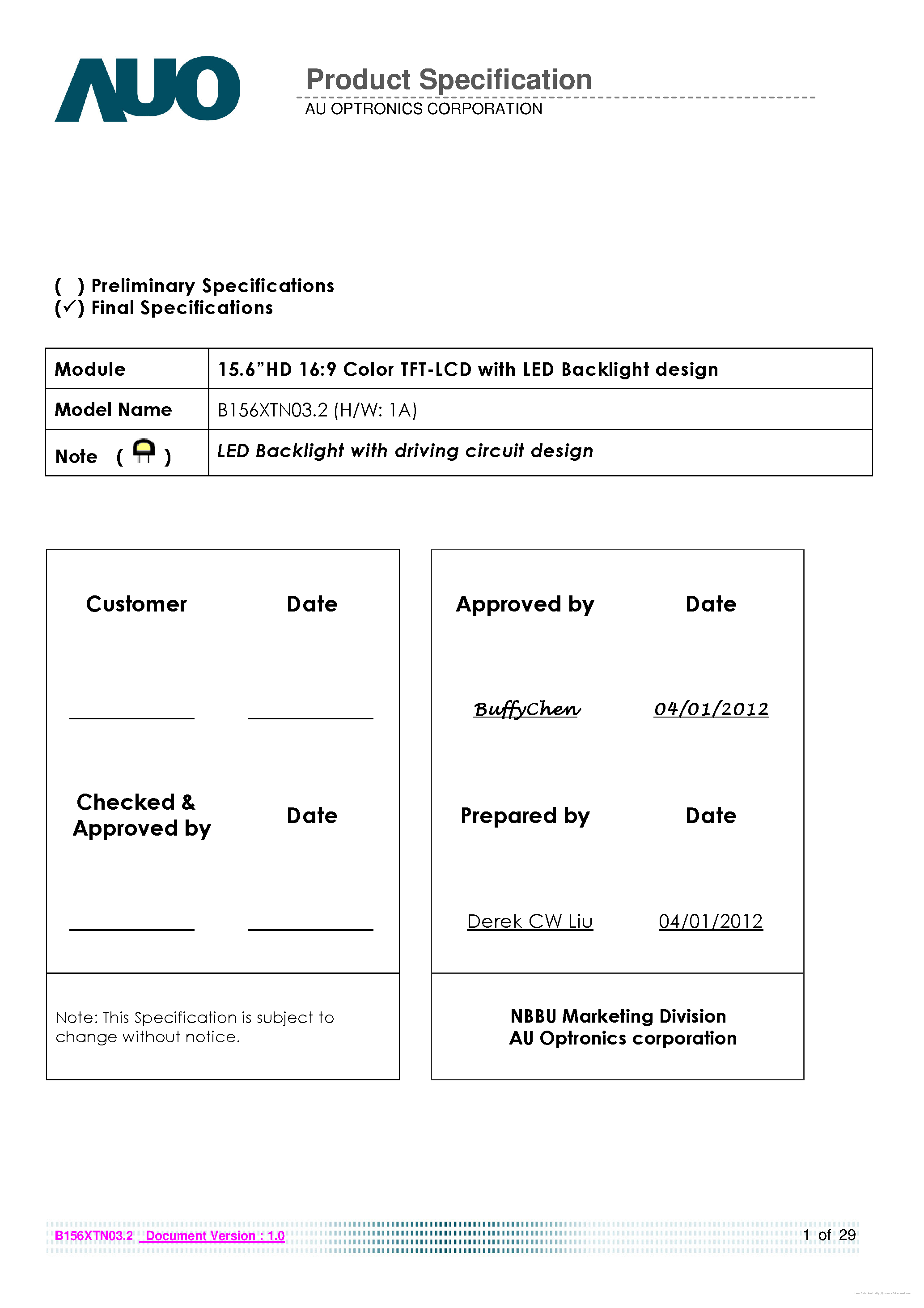 Datasheet B156XTN03.2 - page 1
