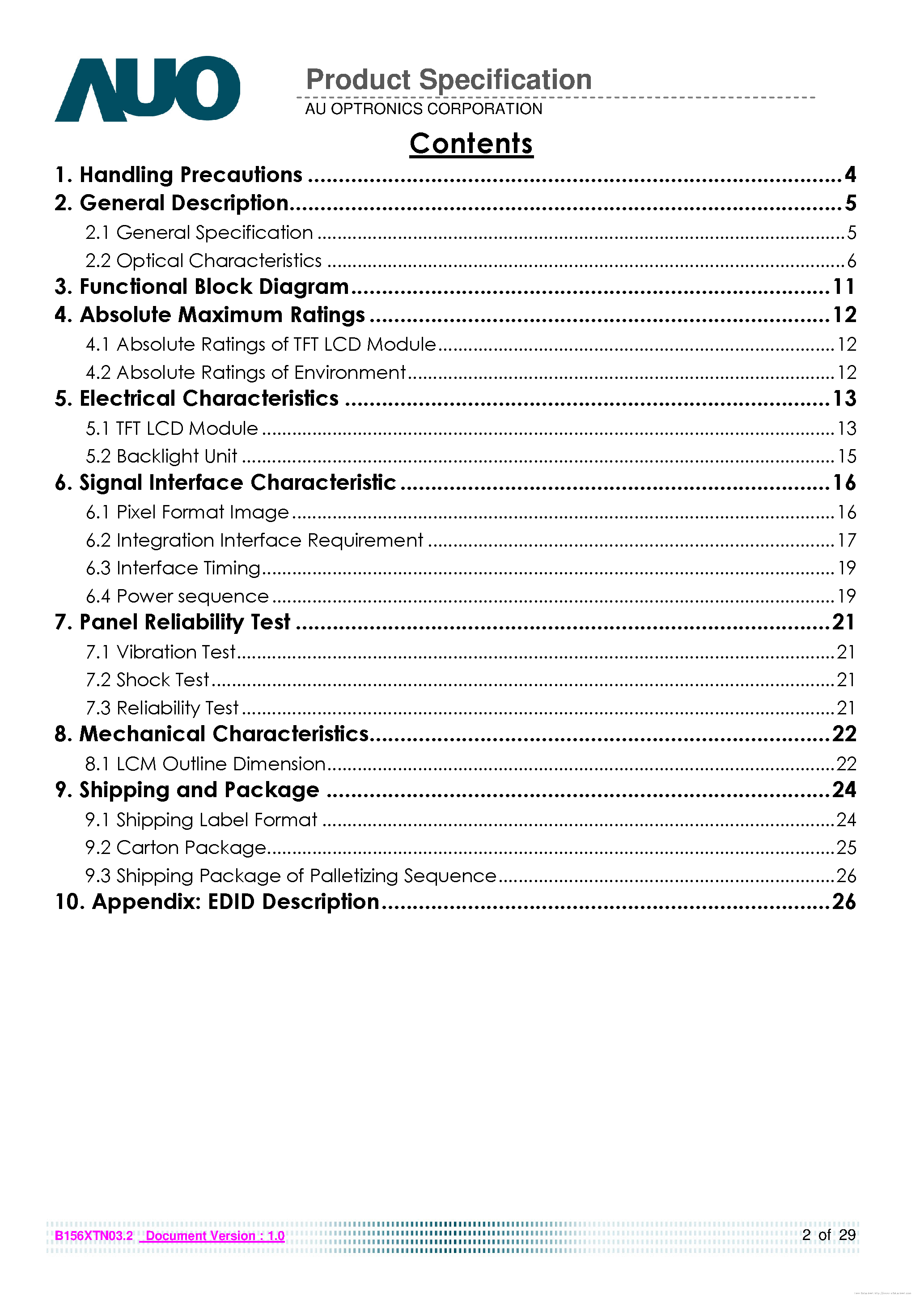 Datasheet B156XTN03.2 - page 2