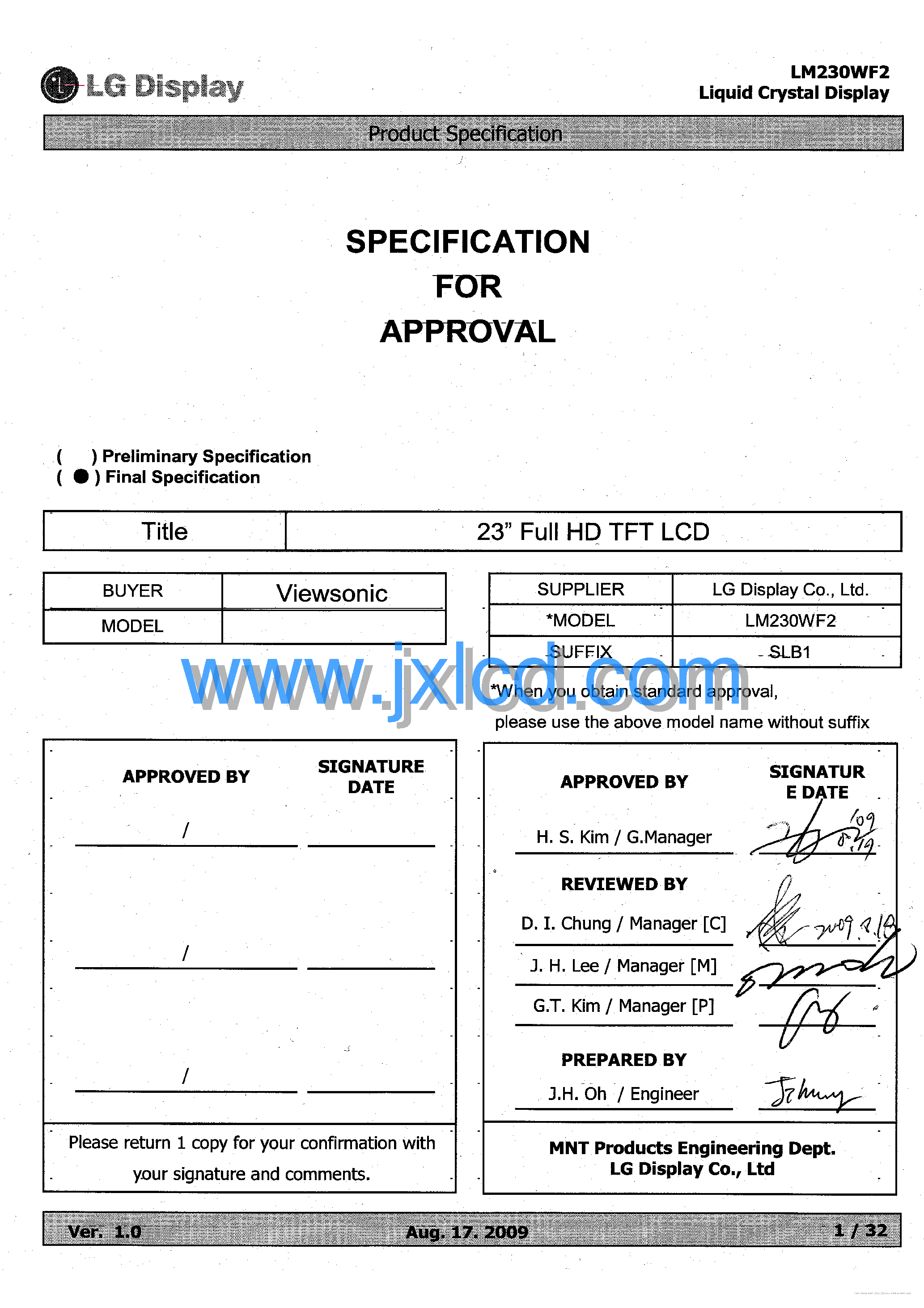 Datasheet LM230WF2-SLB1 - page 1