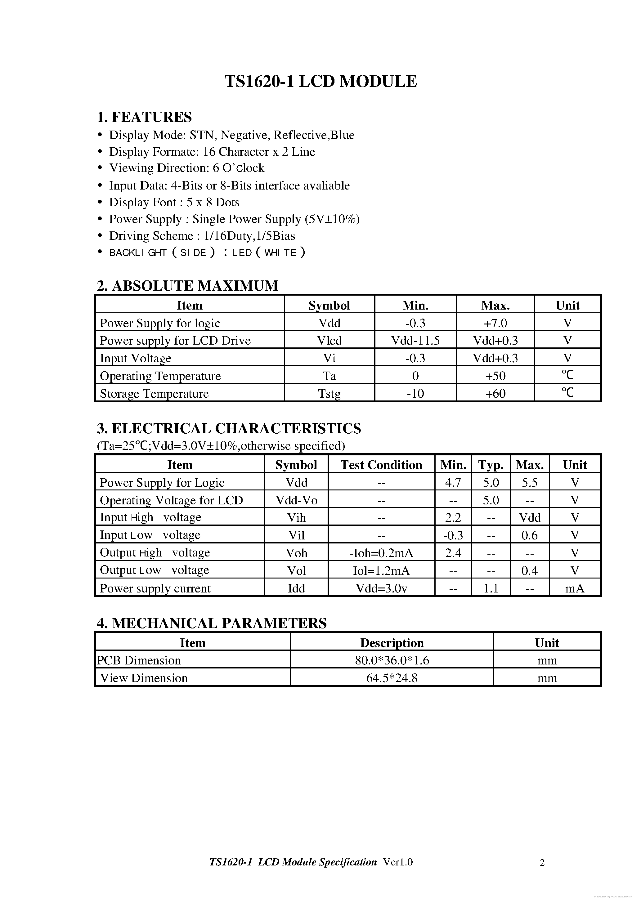 Даташит на микросхему TS1602-1 страница 2 Даташит TS1602-1 - страница 2