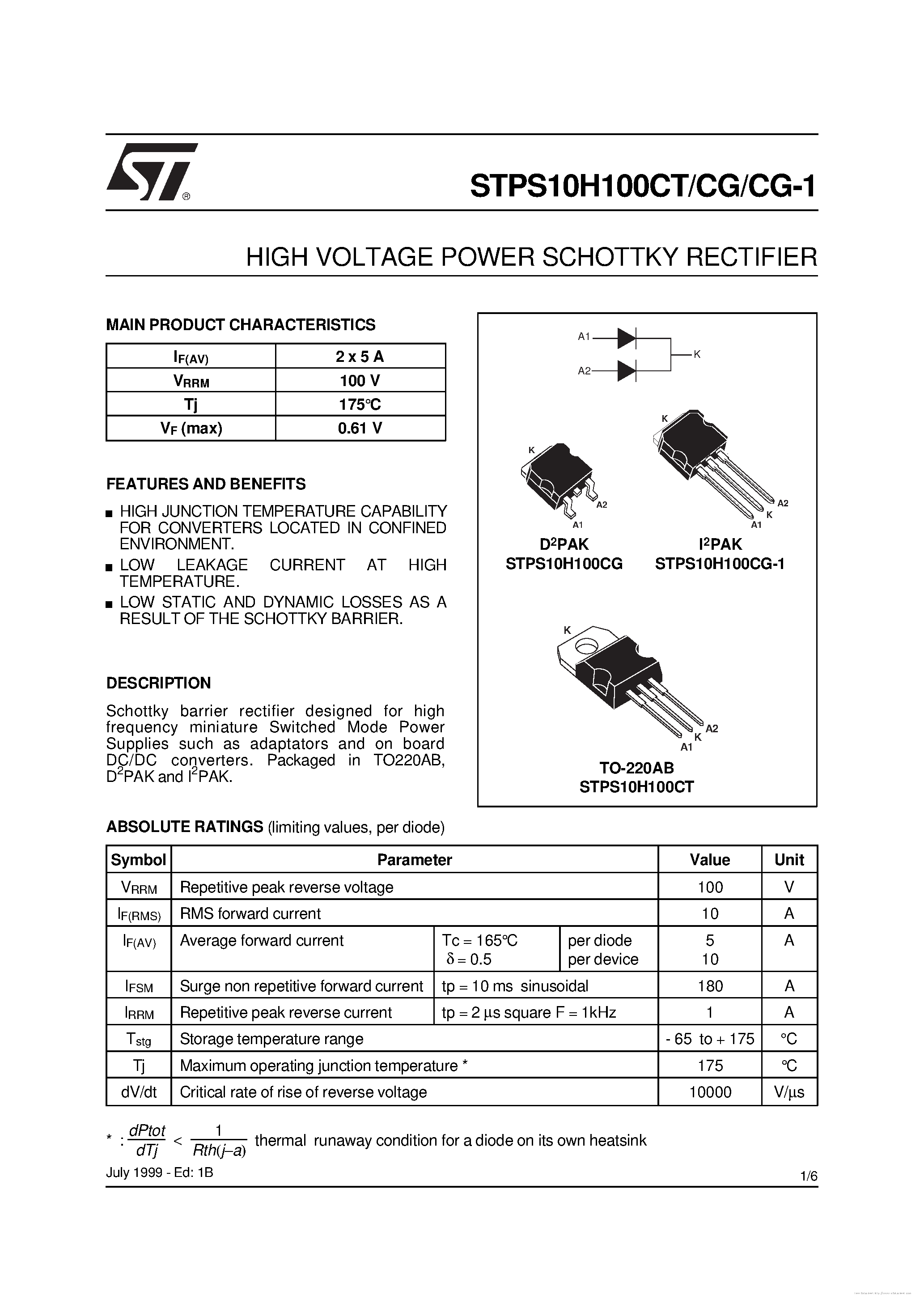 Datasheet STPS10H100CG-1 - page 1