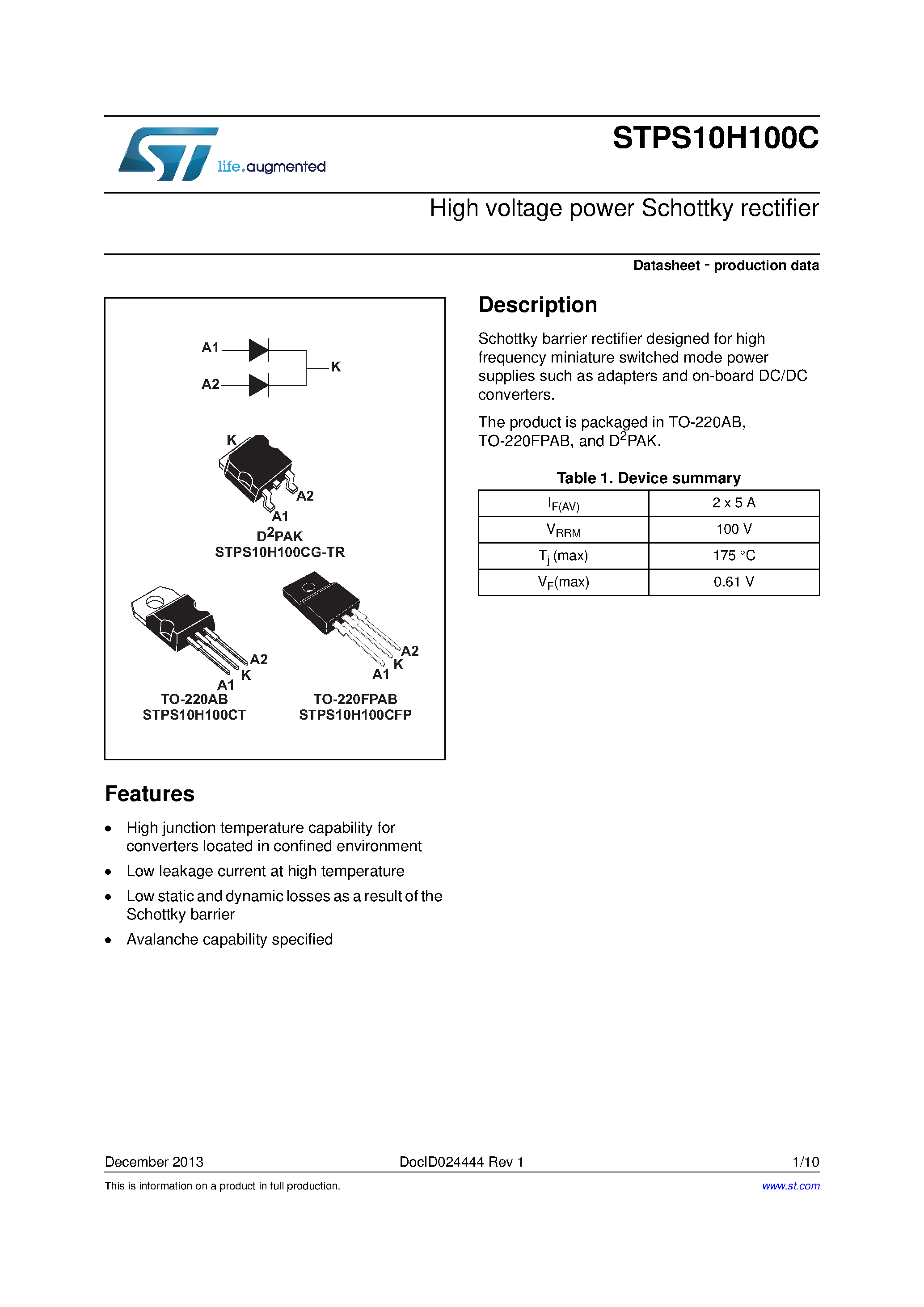 Datasheet STPS10H100C - page 1