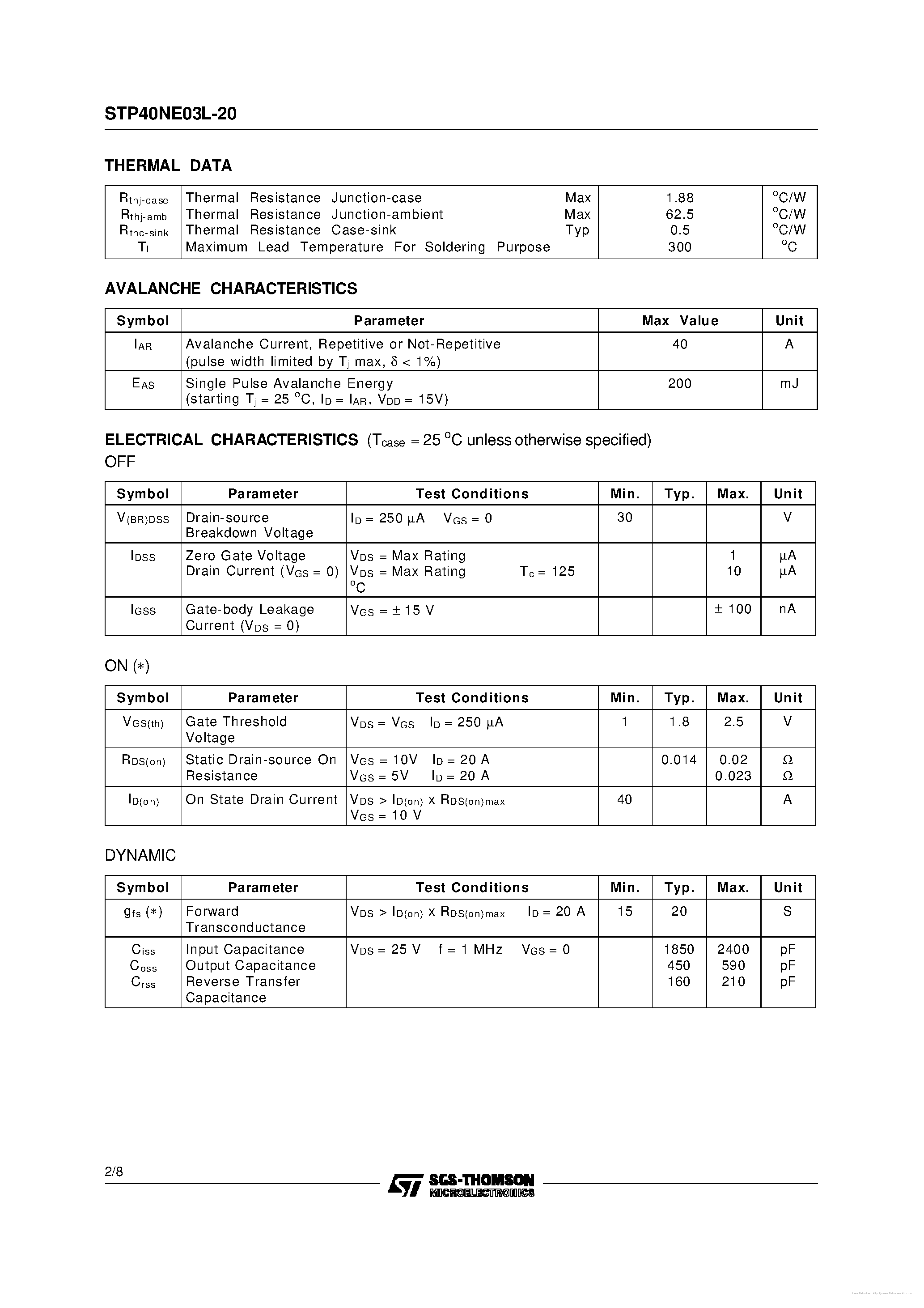 Datasheet STP40NE03L-20 - page 2