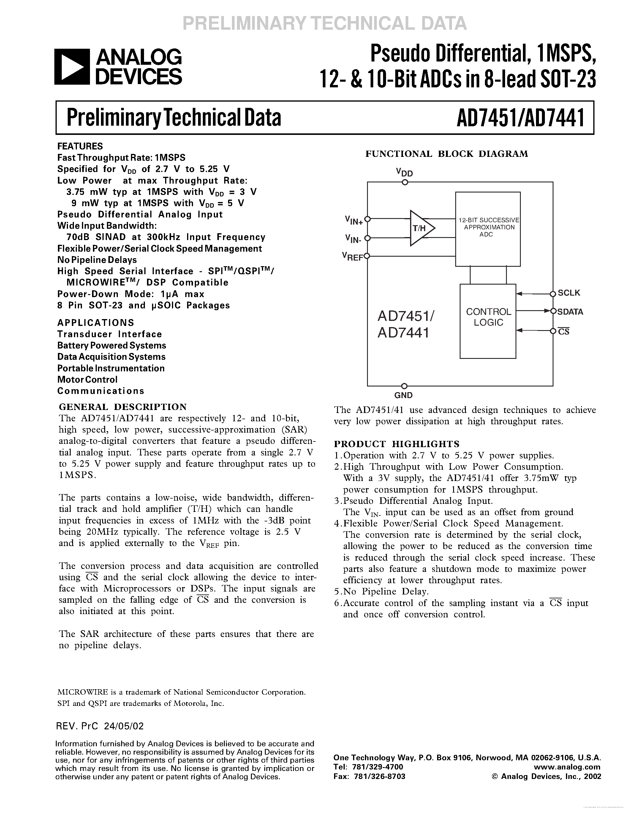 Даташит на микросхему AD7451 страница 1 Даташит AD7451 - страница 1